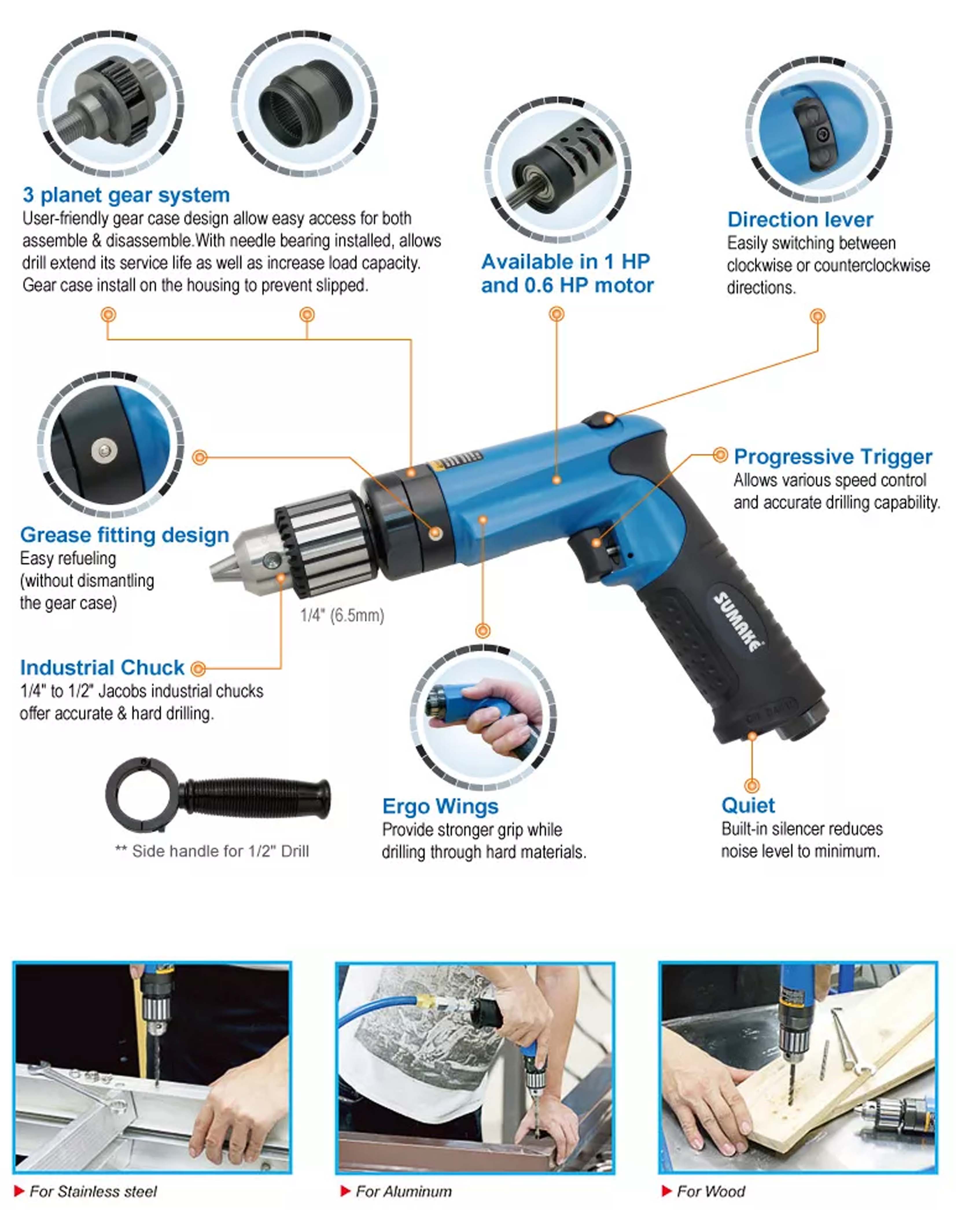 Máy khoan hơi công nghiệp 1/4 inch, 0.6HP, 5.600 vòng/phút, Sumake ST-M5202F56