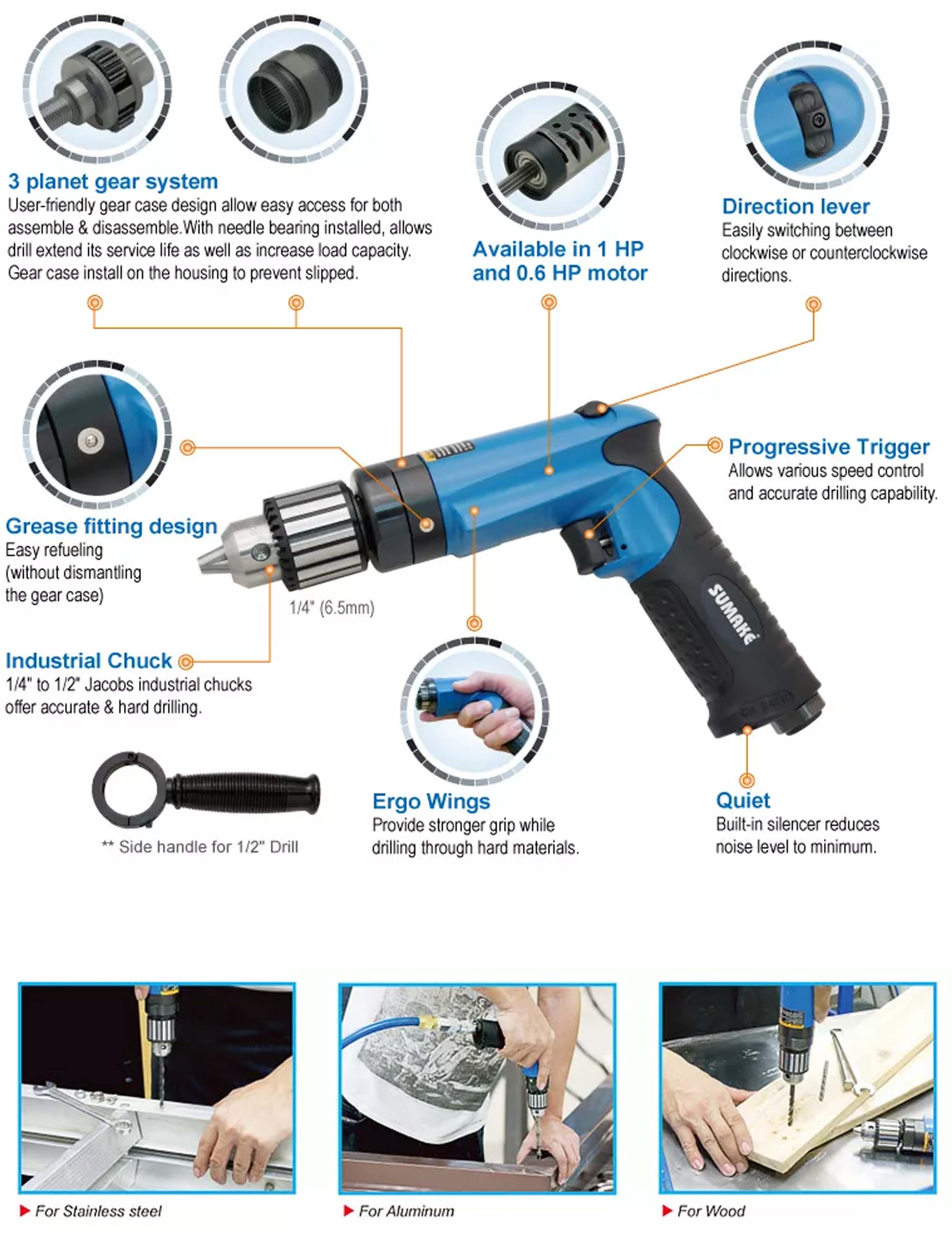 Máy khoan hơi đảo chiều công nghiệp 1/4 inch 21000 vòng/phút, Sumake, ST-M5212F210