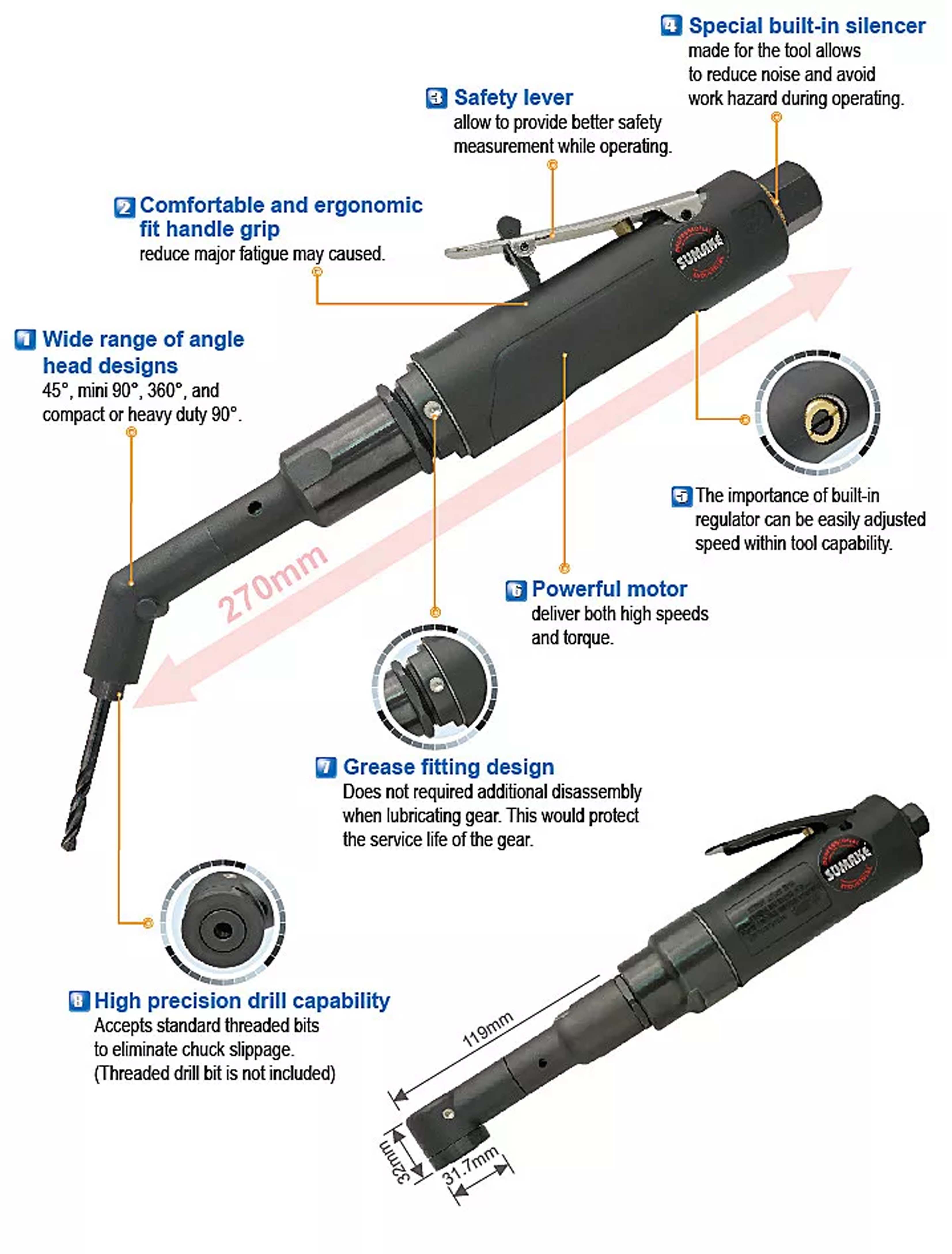 Máy khoan hơi góc 90 độ, 0.6HP, 3.000 vòng/phút, Sumake ST-4416