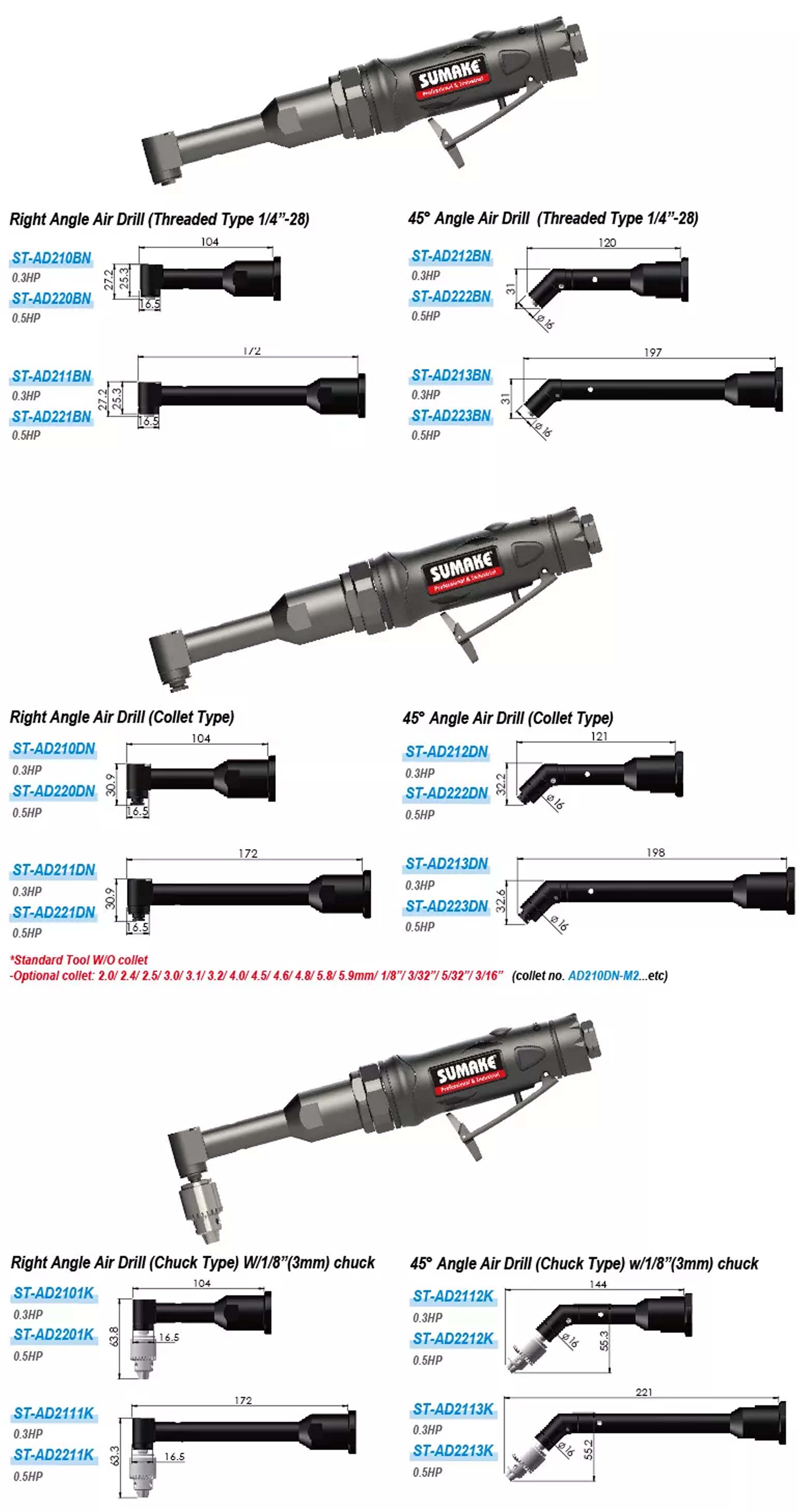Máy khoan hơi góc công nghiệp 0.3HP, 4.000 vòng/phút, Sumake ST-AD210BN