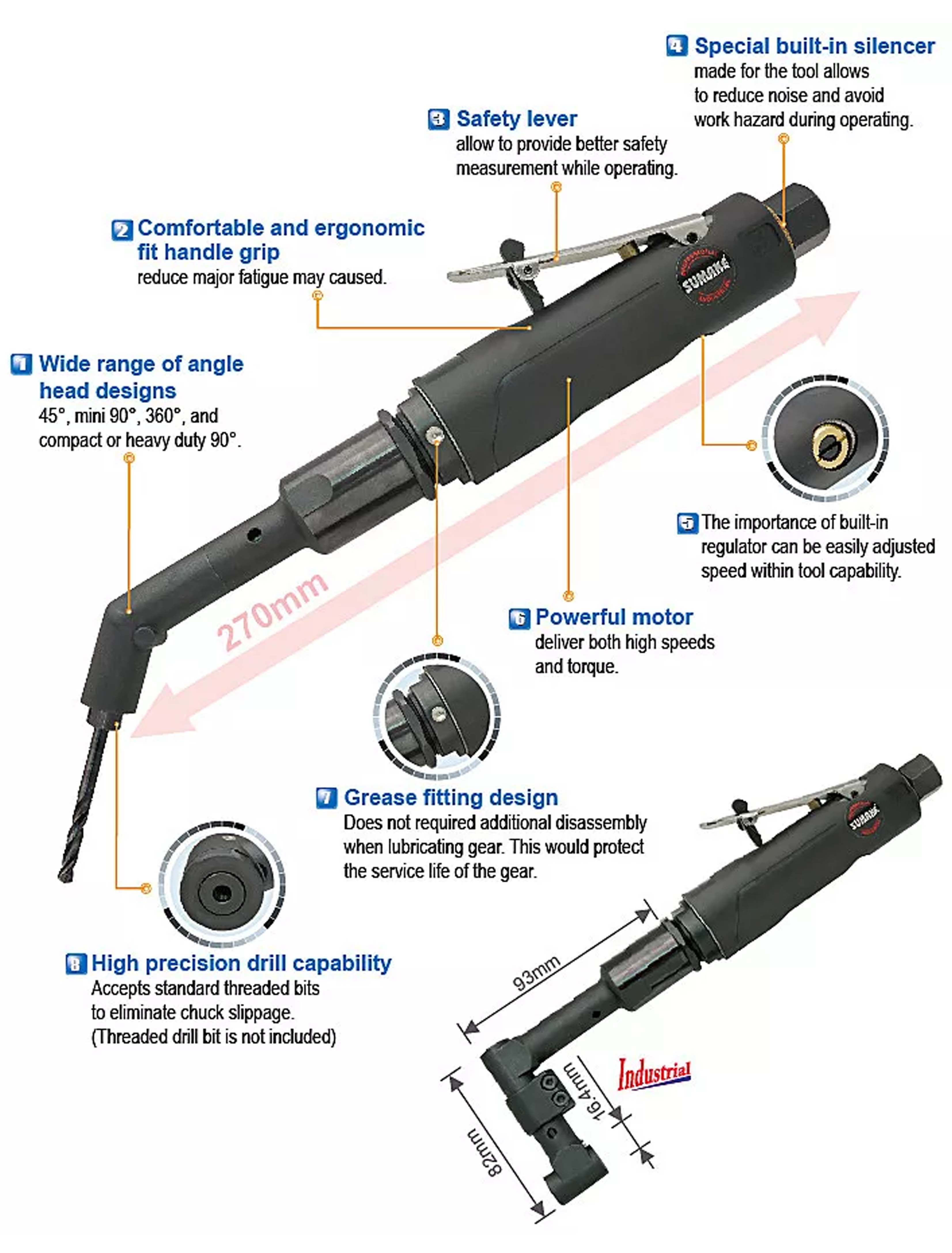 Máy khoan hơi góc Offset 360 độ công nghiệp, 0.4HP, Sumake ST-4407