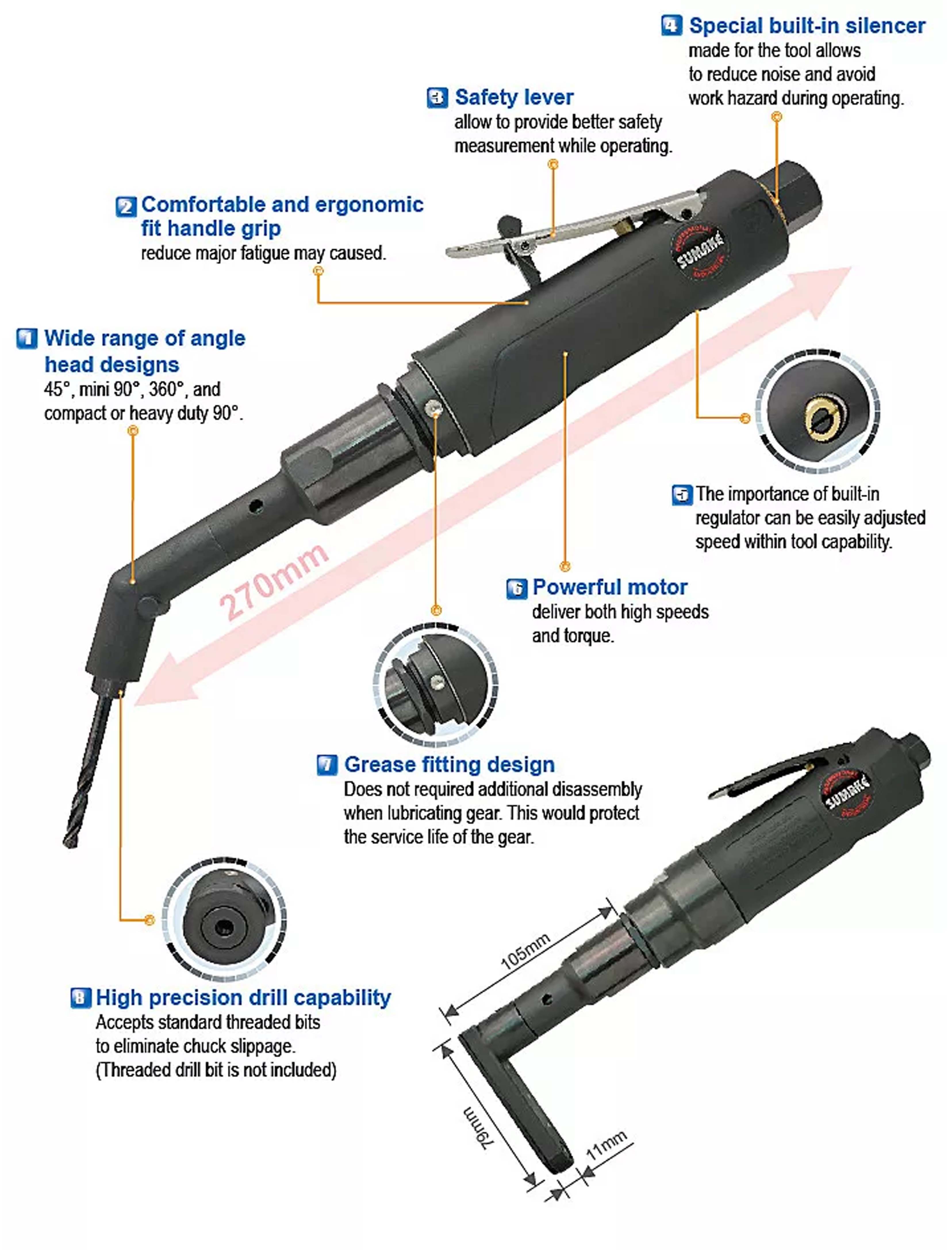 Máy khoan hơi góc Offset công nghiệp 0.6HP, 4.200 vòng/phút, Sumake ST-4415