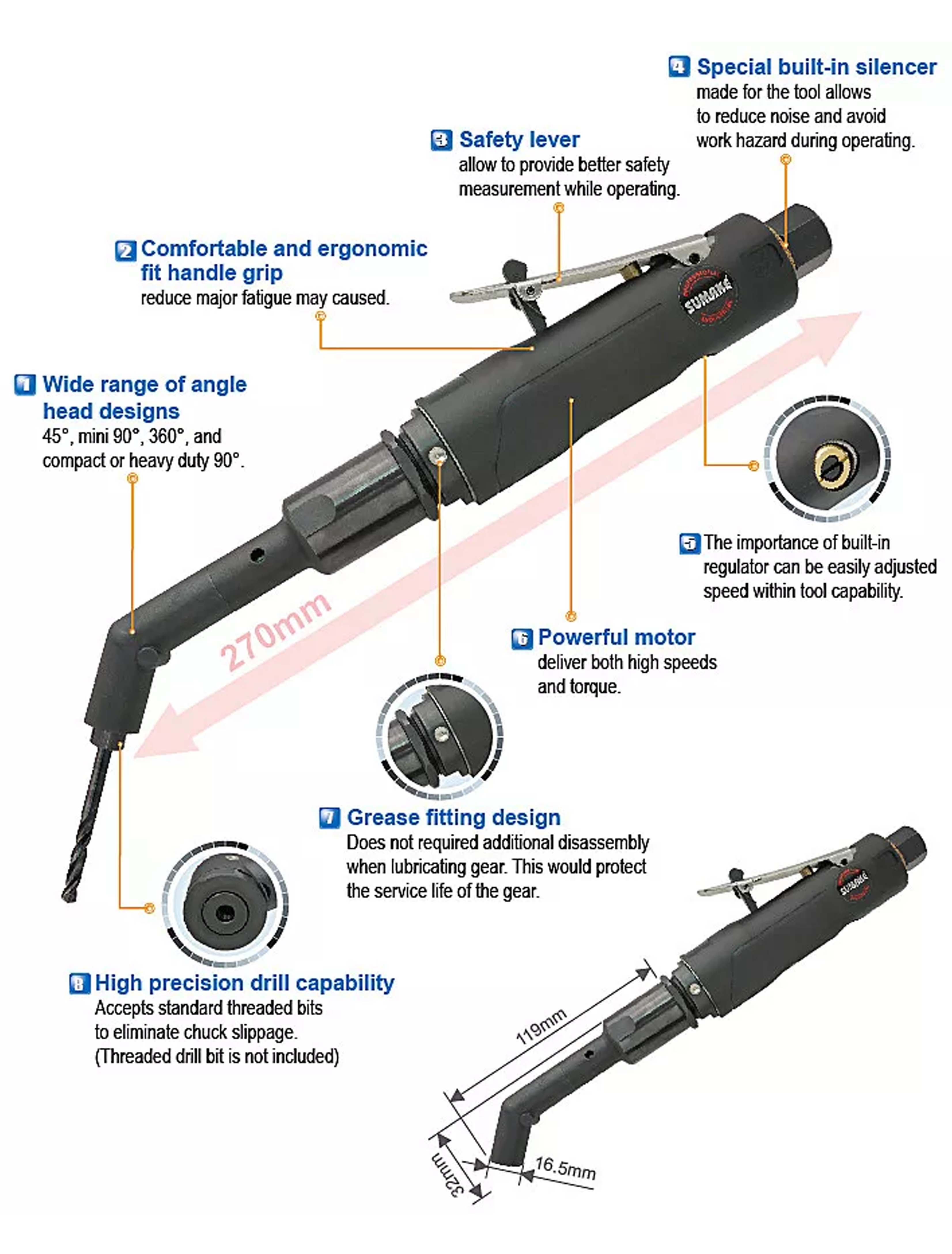 Máy khoan hơi góc phải nhỏ gọn 0.4HP, 3.000 vòng/phút, Sumake ST-4405