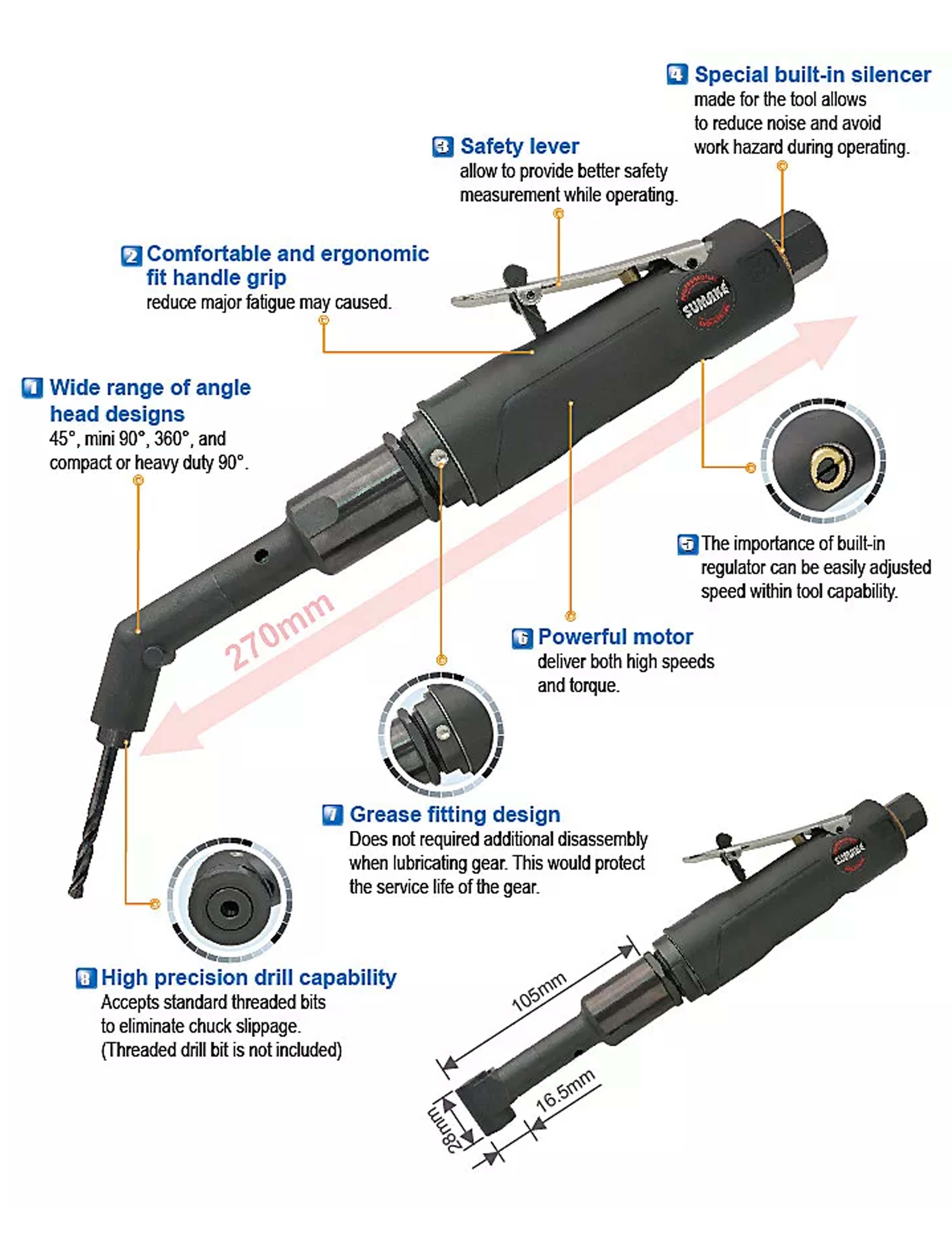 Máy khoan hơi góc vuông 90 độ công nghiệp, 0.4HP, Sumake ST-4406