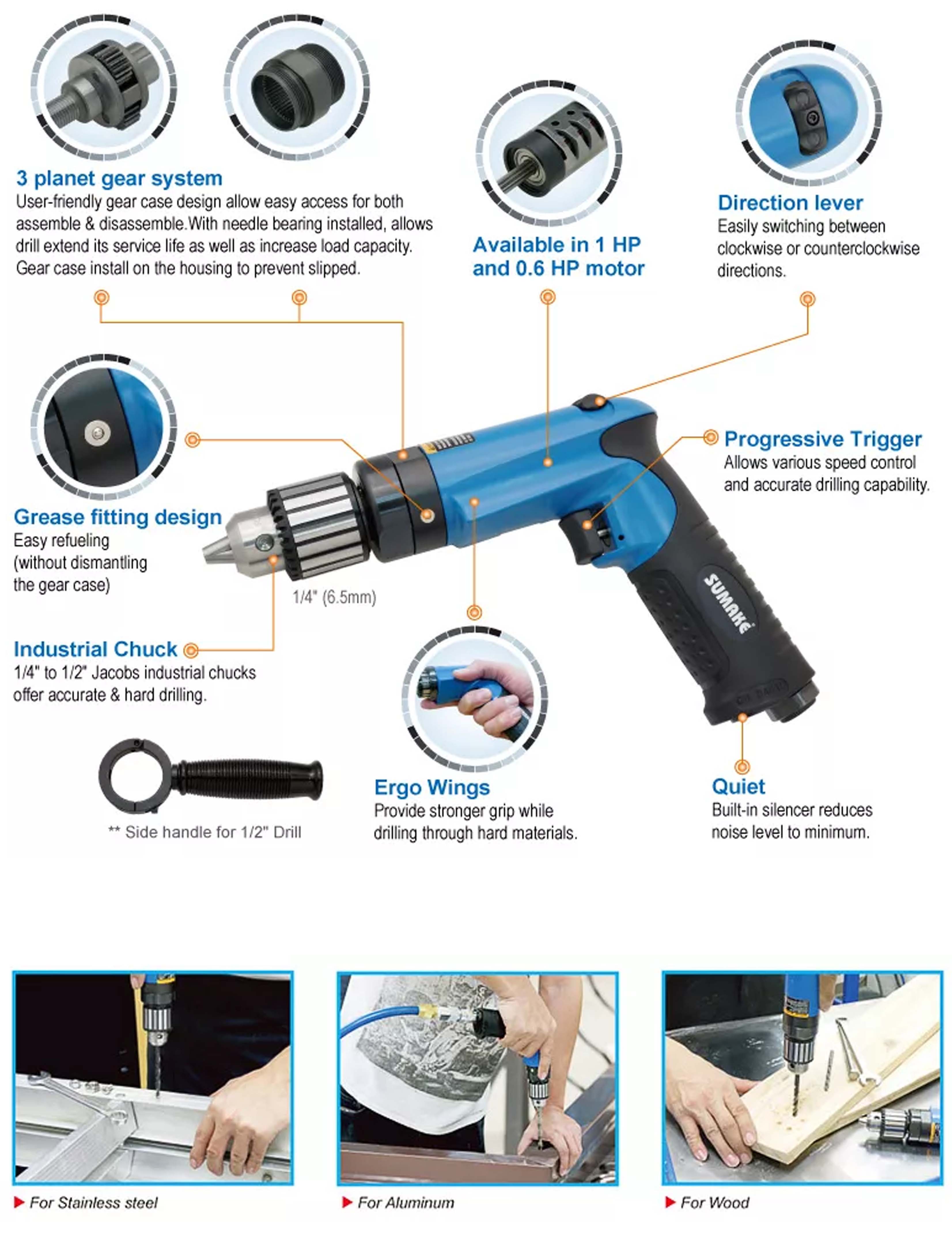 Máy khoan hơi công nghiệp không đảo chiều, 3/8 inch, 0.6HP, Sumake ST-M5203F28