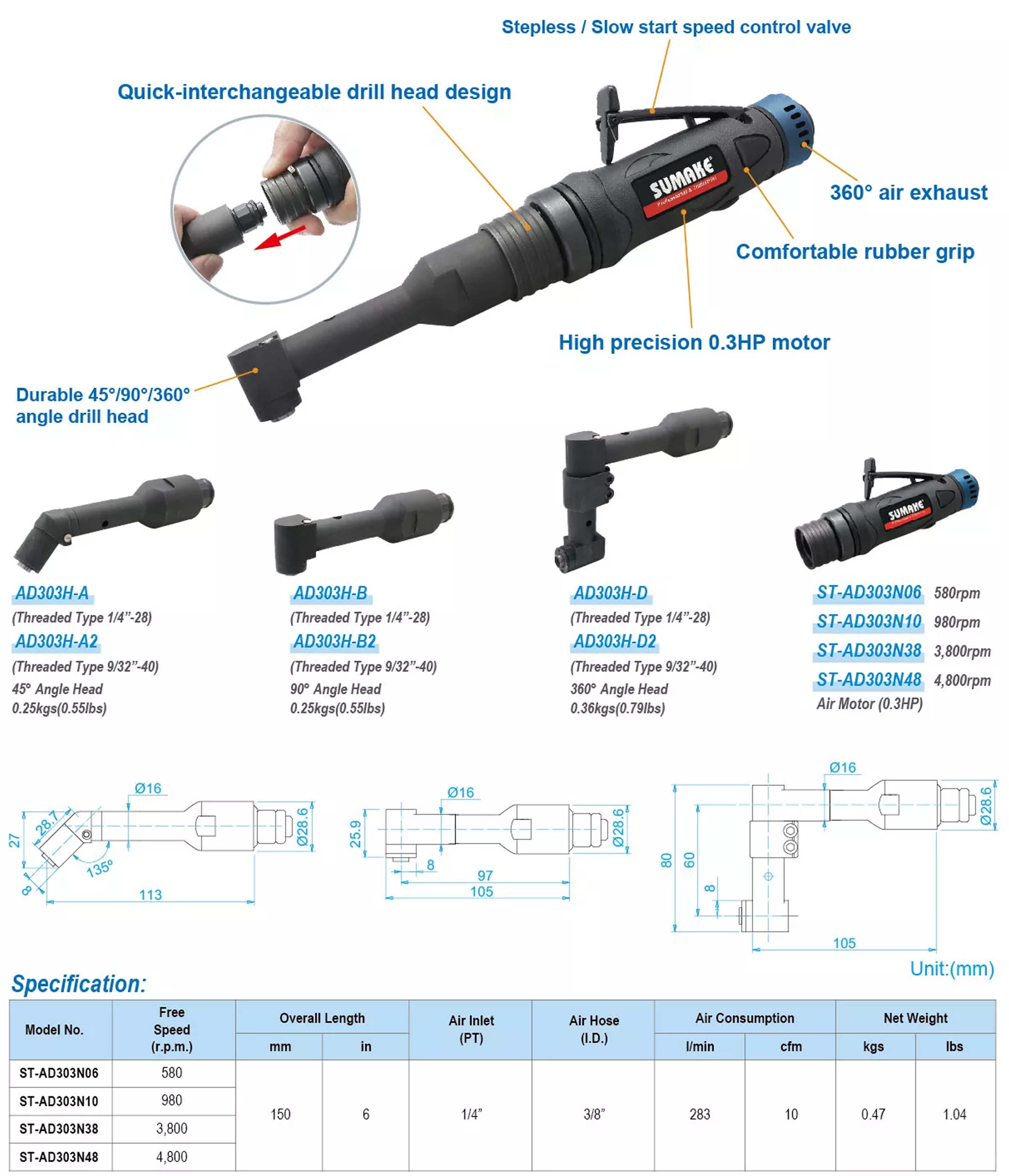 Máy khoan hơi góc công nghiệp 1/4 inch, 0.3HP, 580 vòng/phút, Sumake ST-AD303N06