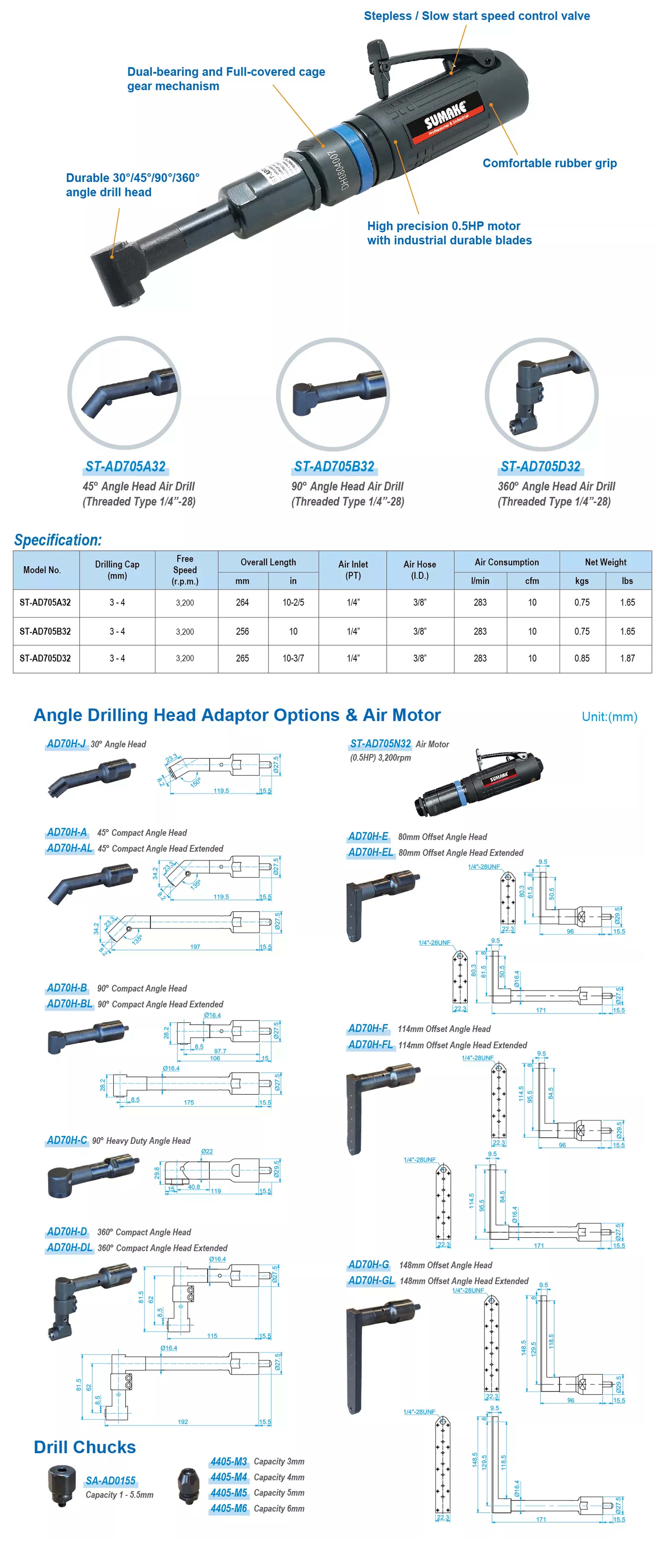 Máy khoan hơi góc công nghiệp 45 độ, 3.200 vòng/phút, Sumake ST-AD705A32