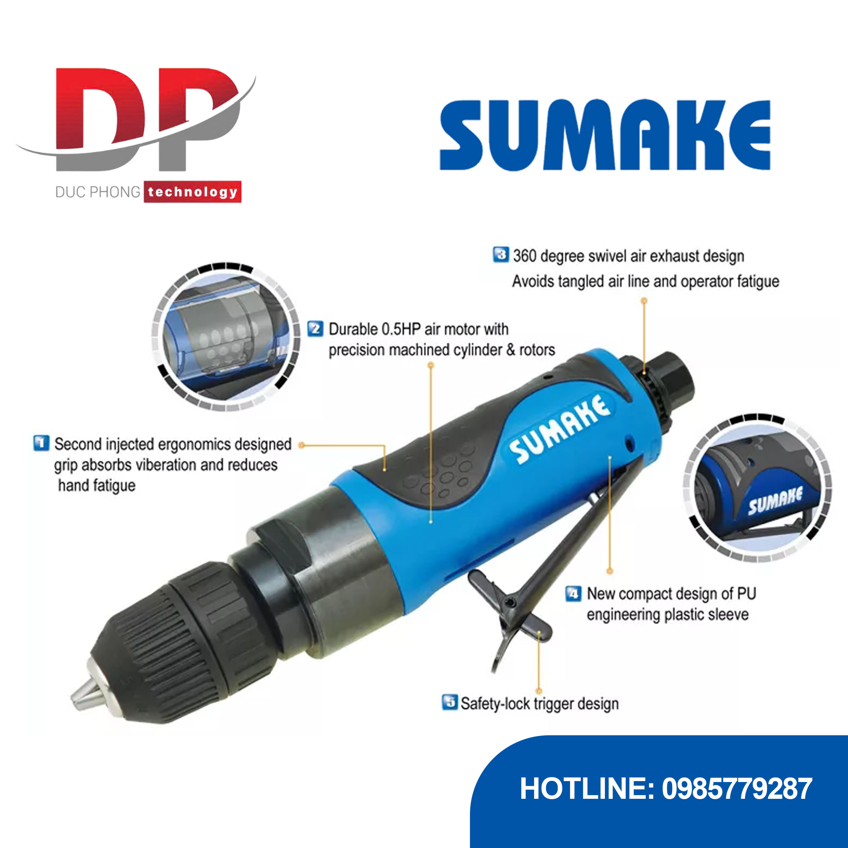 Máy khoan hơi thẳng, đầu kẹp 3/8 inch không chìa, Sumake ST-AD1003C