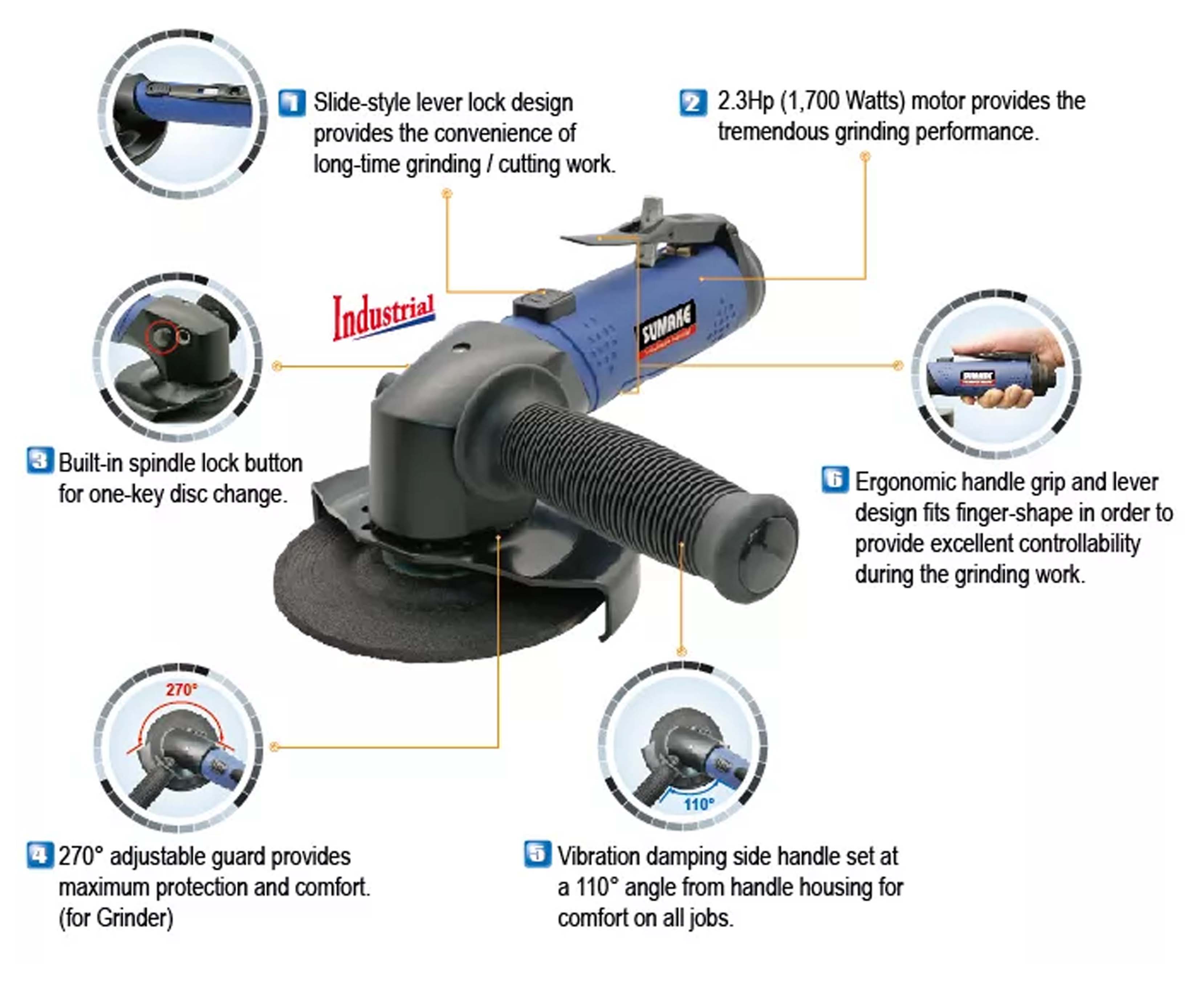 Máy mài góc hơi công nghiệp 5 inch, Sumake, ST-GD505L6