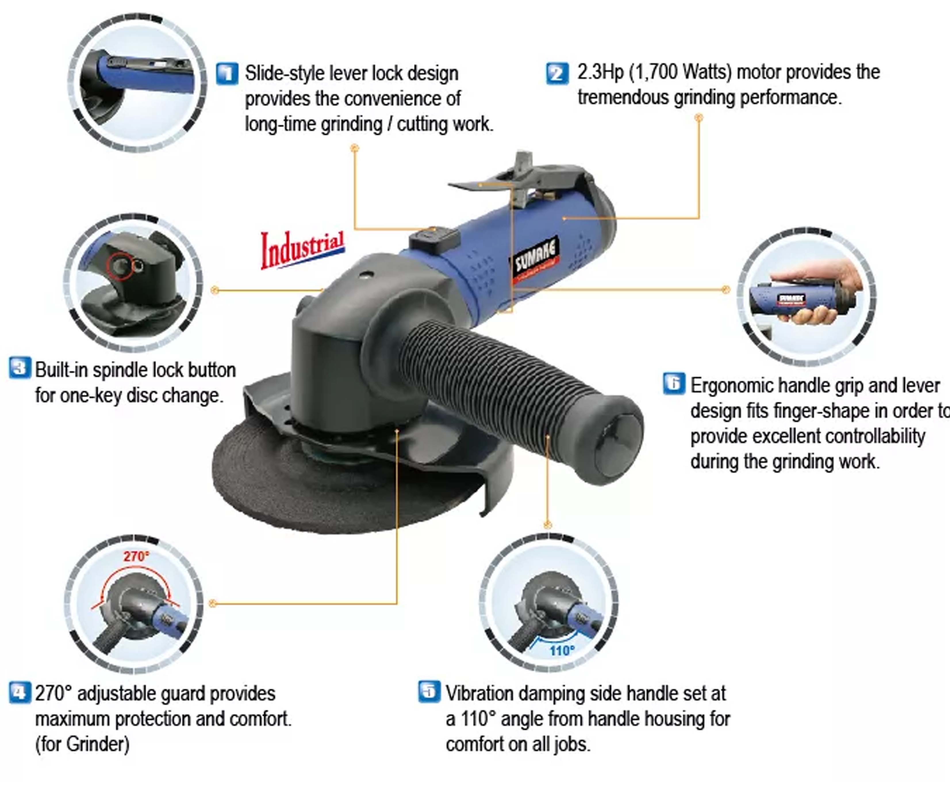 Máy mài góc hơi công nghiệp 7 inch, Sumake, ST-GD507L6