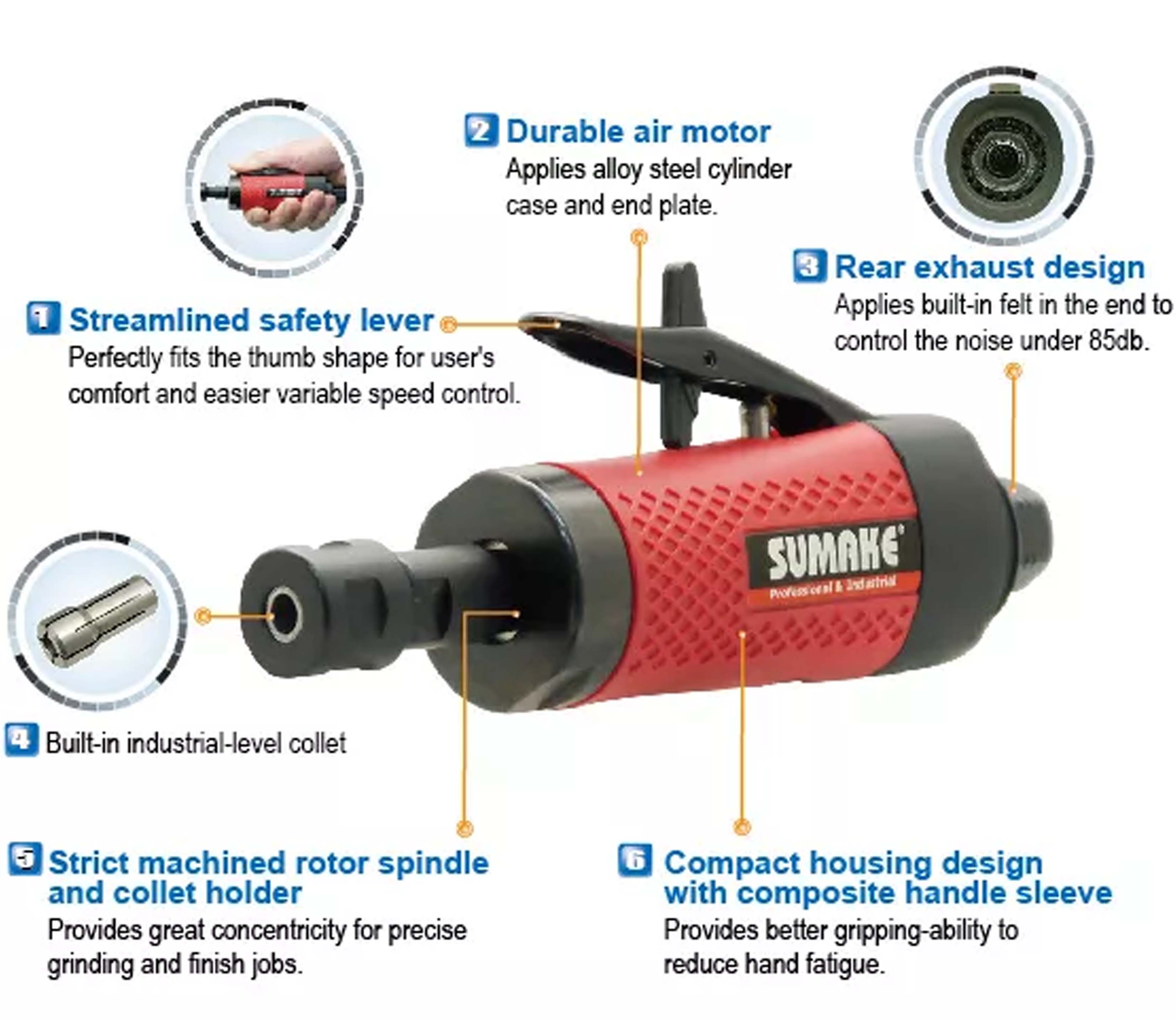 Máy mài hơi công nghiệp Sumake ST-DG5506L, 0.7 mã lực, đầu kẹp 6mm