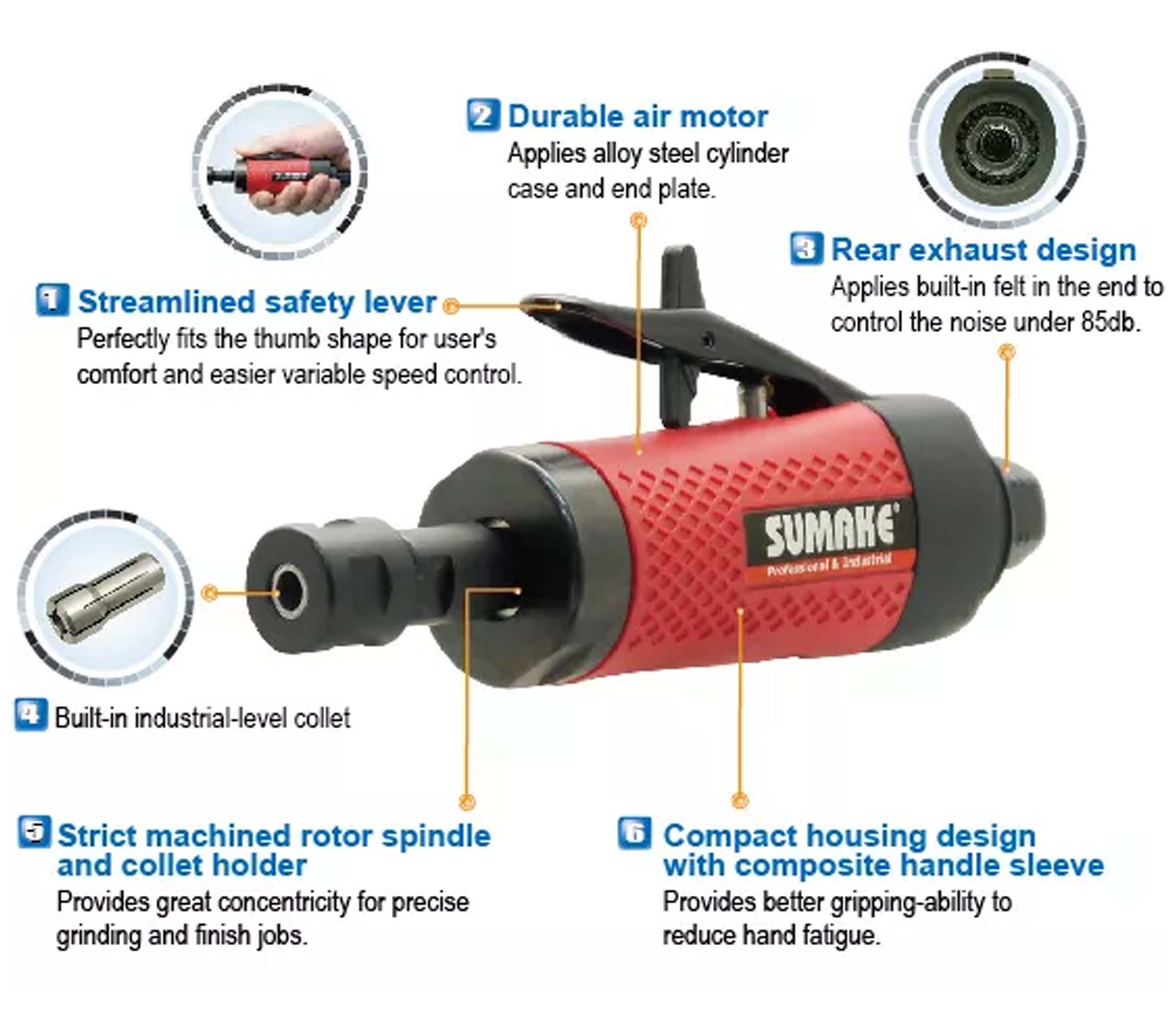 Máy mài hơi công nghiệp trục dài Sumake ST-DG5506L-4, 0.7 mã lực, đầu kẹp 6mm