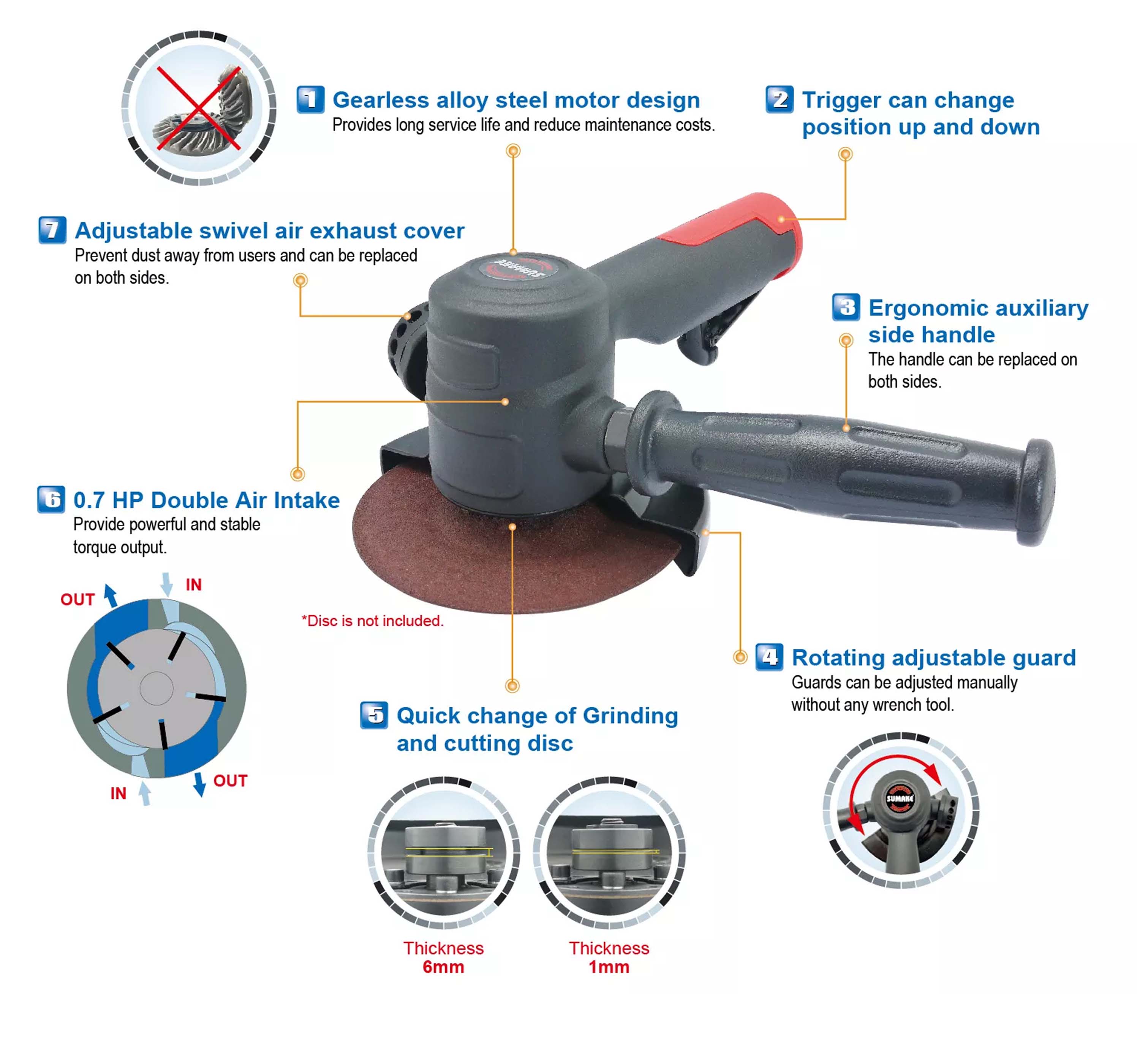 Máy mài hơi góc 5 inch, không bánh răng, Sumake ST-GD825L3