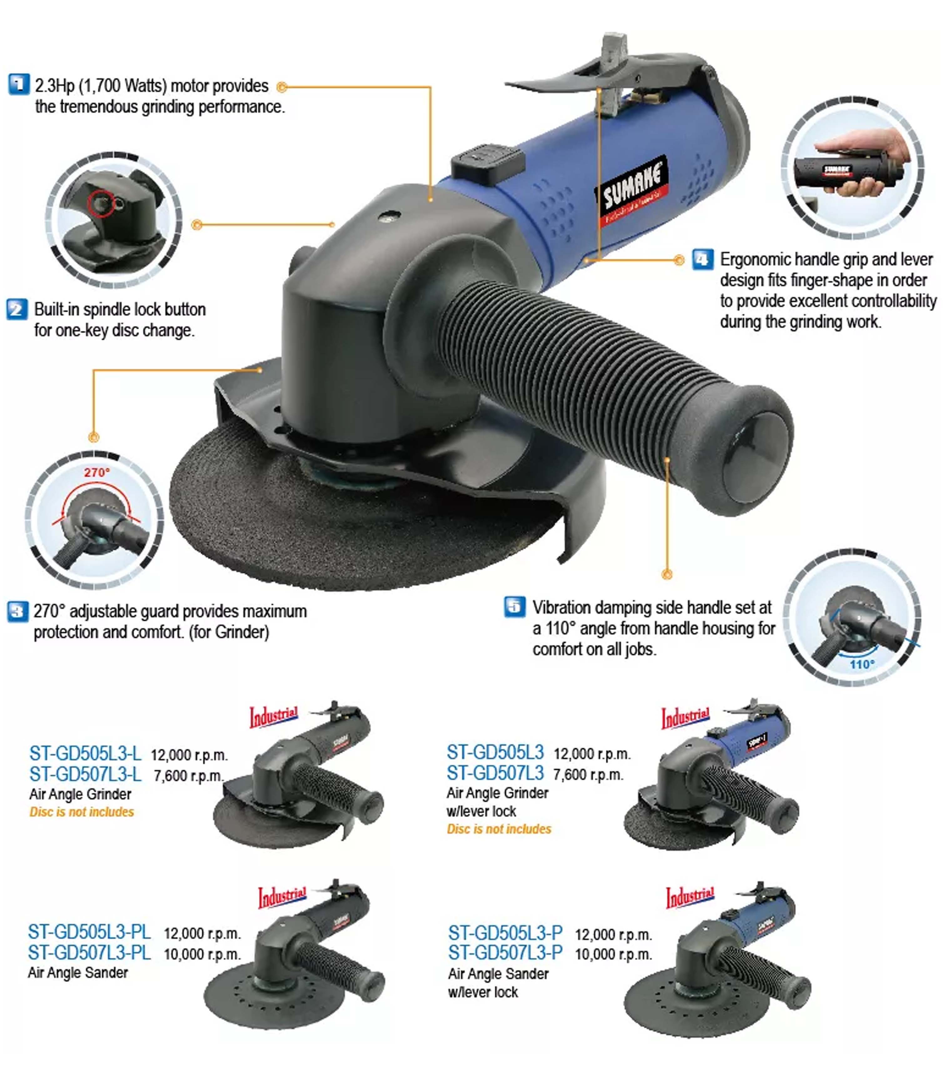 Máy mài hơi góc công nghiệp 5 inch, Sumake ST-GD505L3