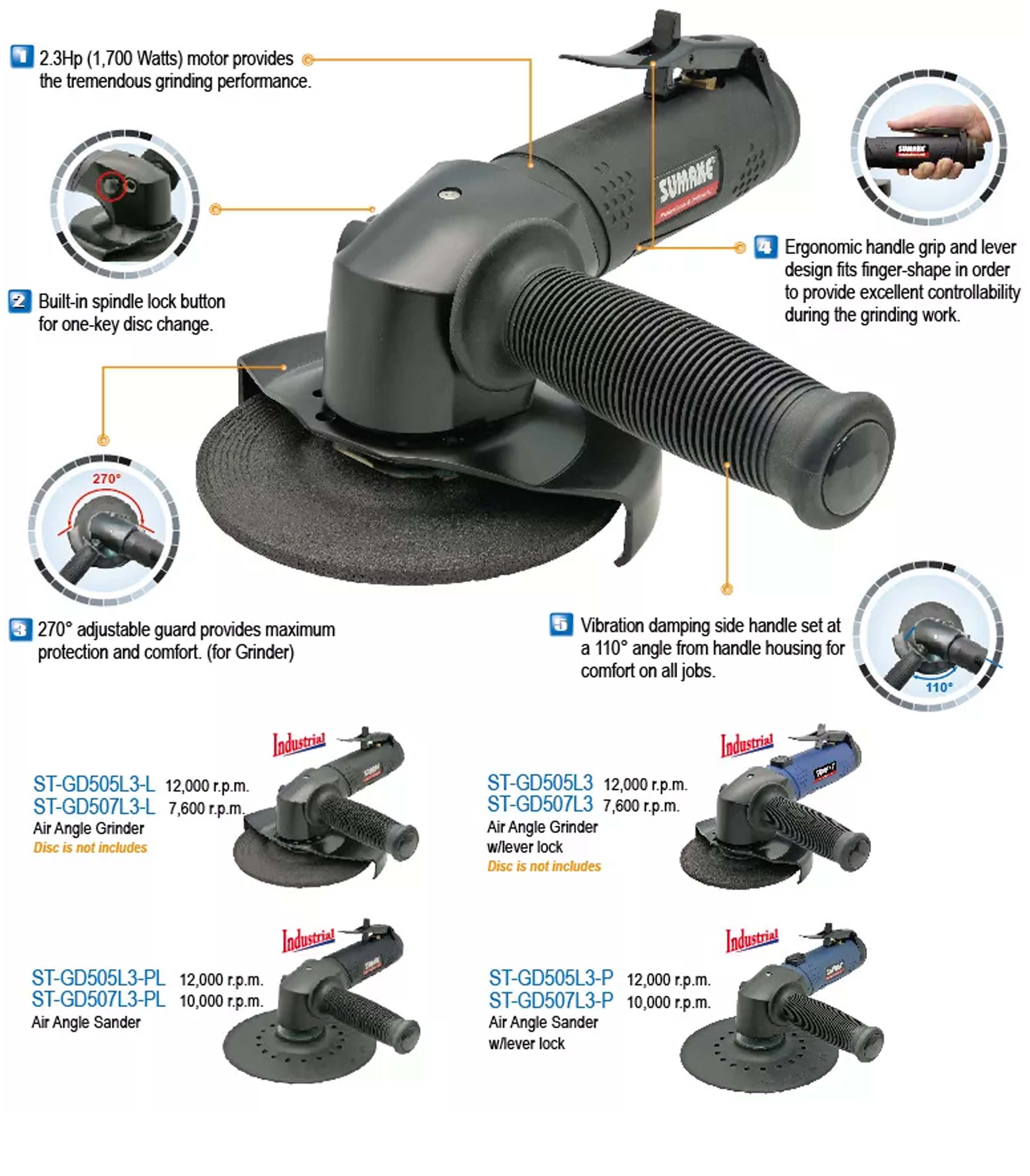Máy mài hơi góc công nghiệp 5 inch, Sumake ST-GD505L3-L