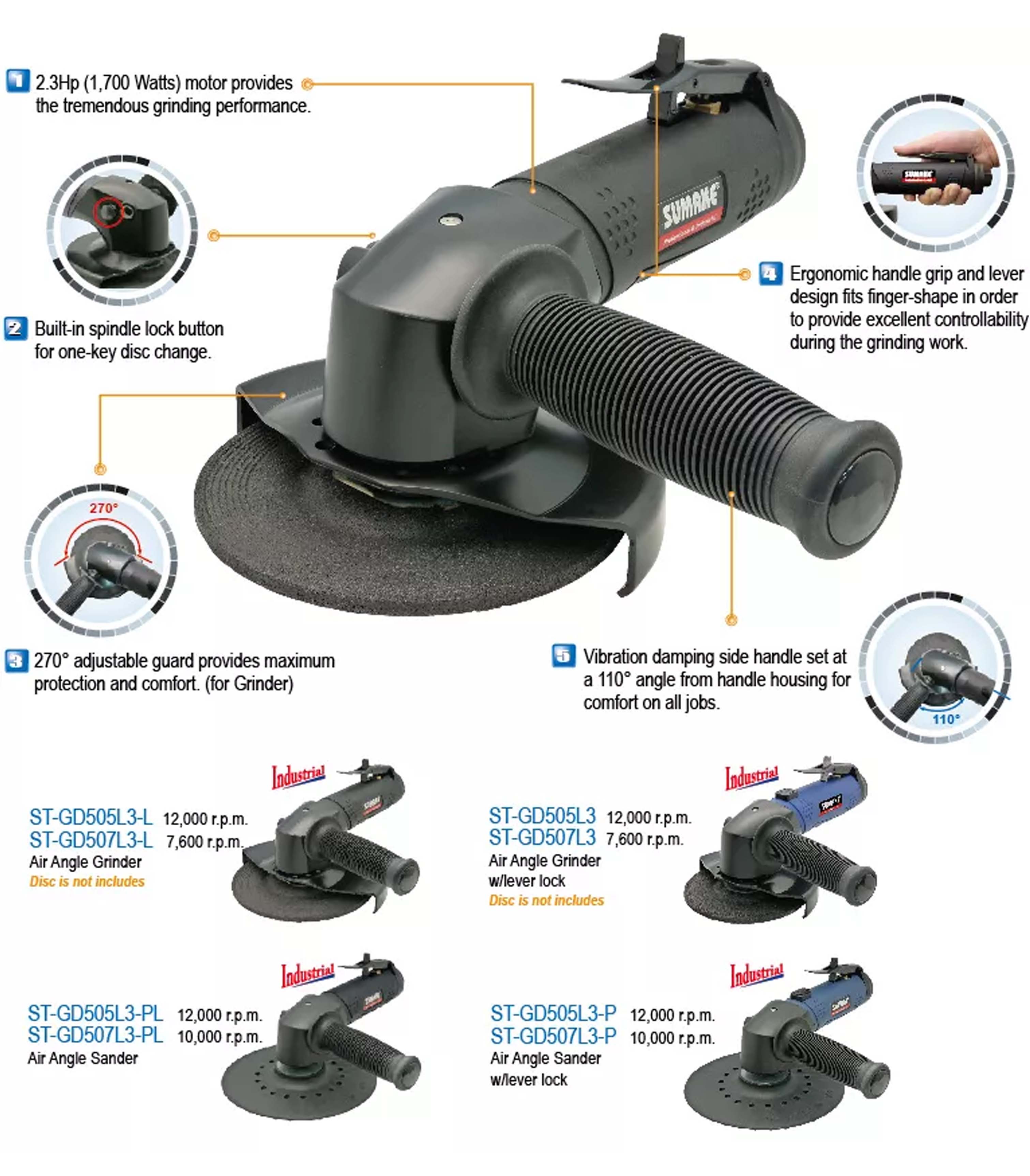 Máy mài hơi góc công nghiệp 5 inch, Sumake ST-GD505L6-L