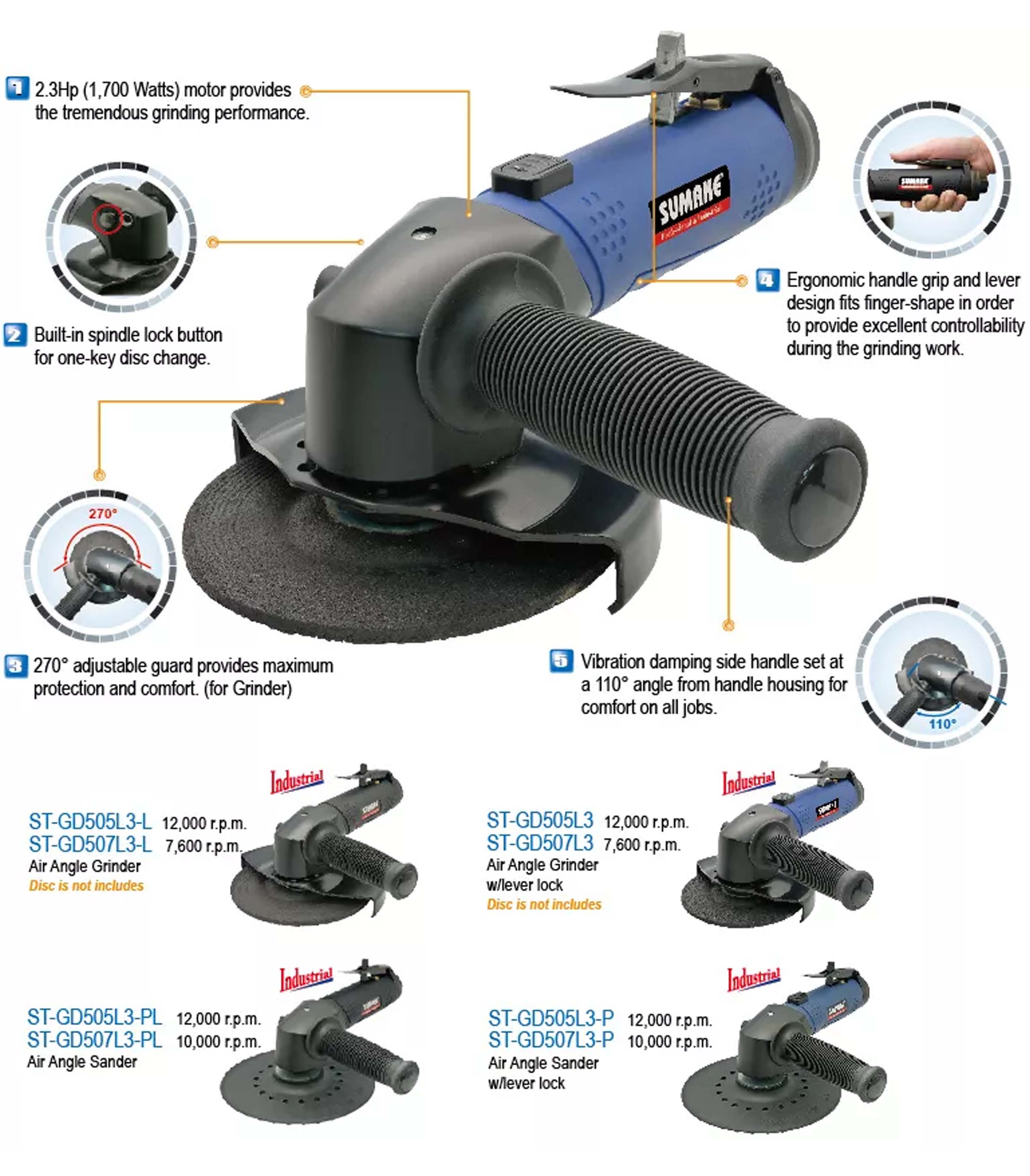 Máy mài hơi góc công nghiệp 7 inch, Sumake ST-GD507L3