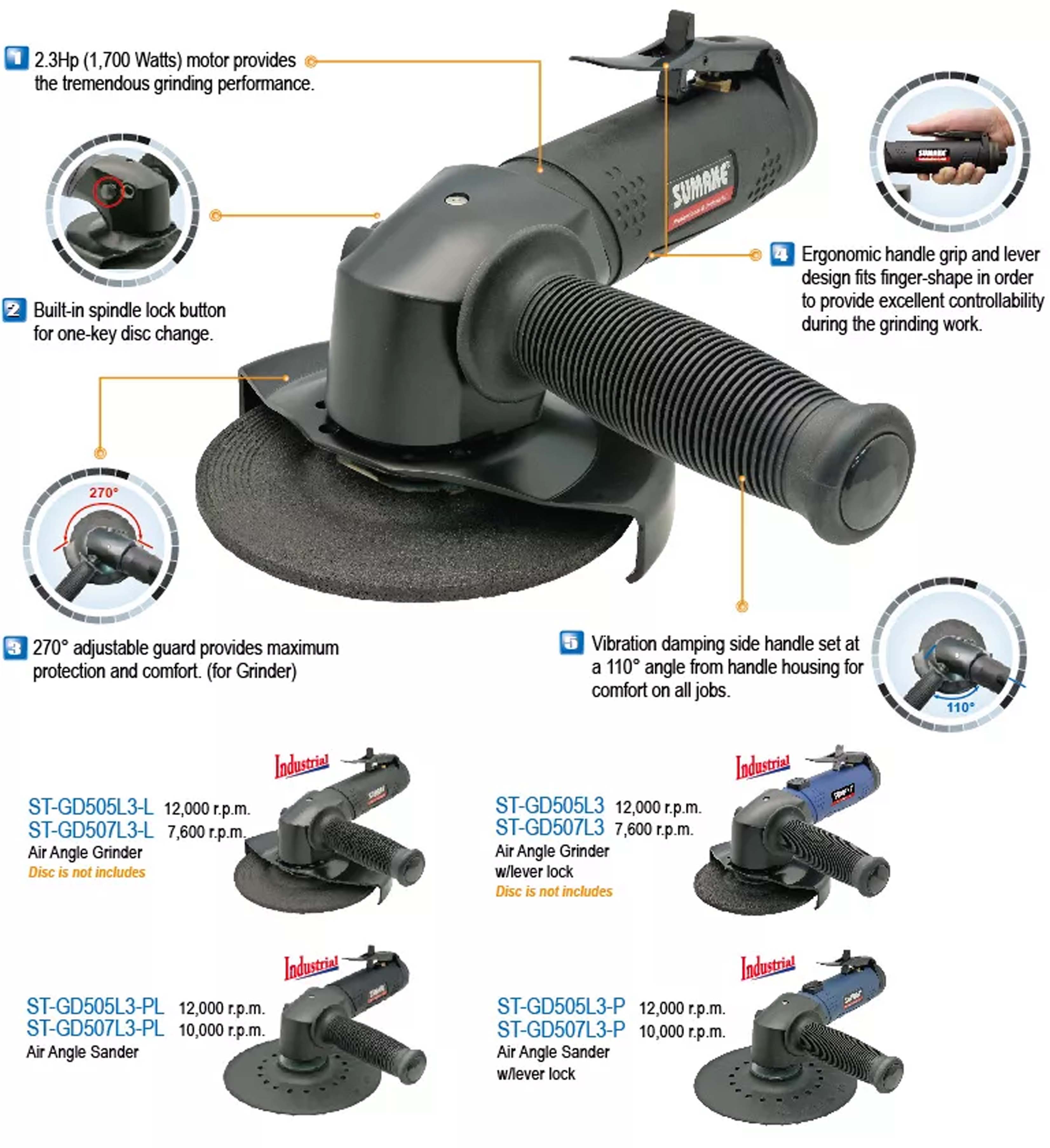 Máy mài hơi góc công nghiệp 7 inch, Sumake ST-GD507L3-L