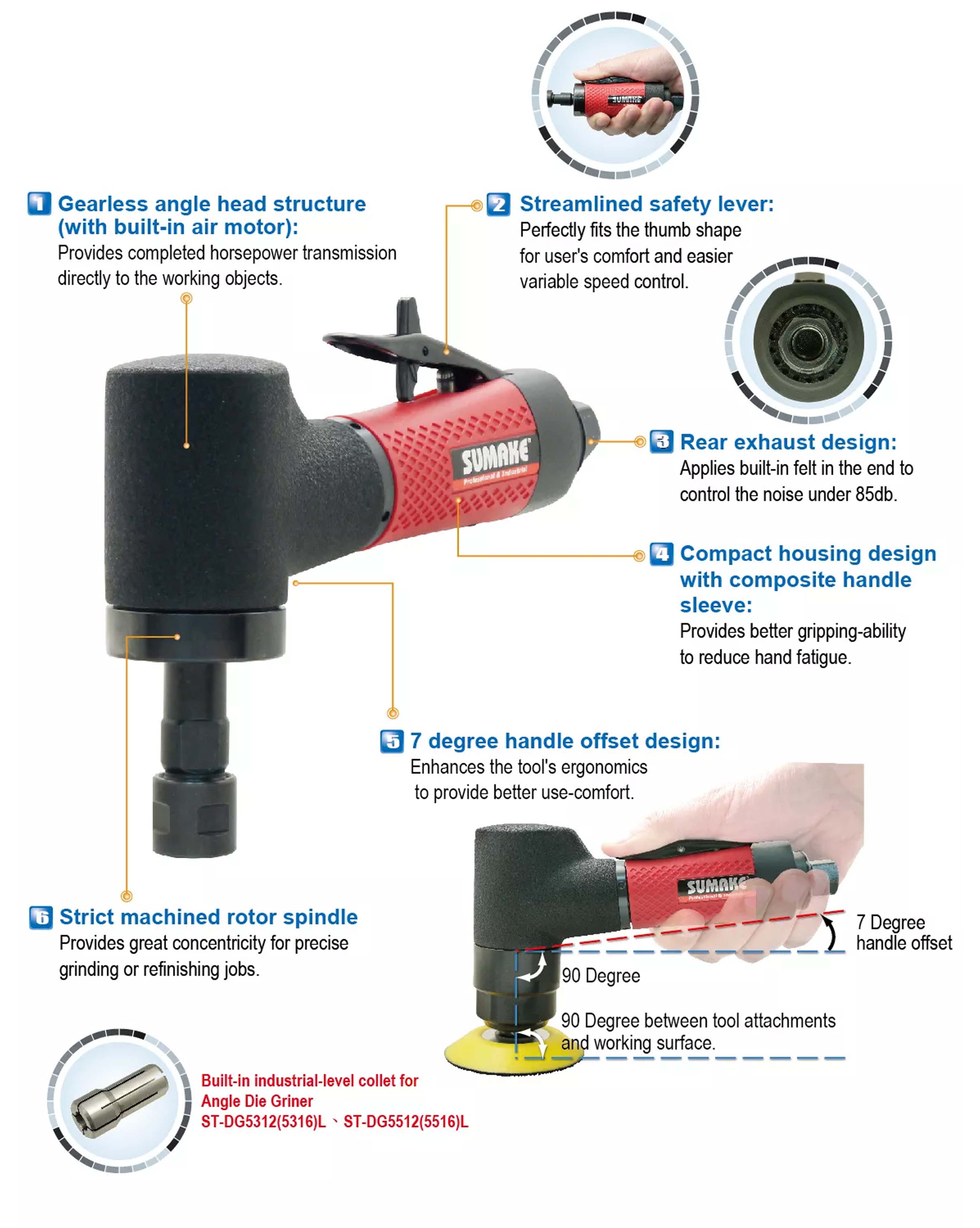Máy mài hơi góc công nghiệp 97 độ Sumake ST-DG5312L, 0.4 mã lực, đầu kẹp 1/4 inch
