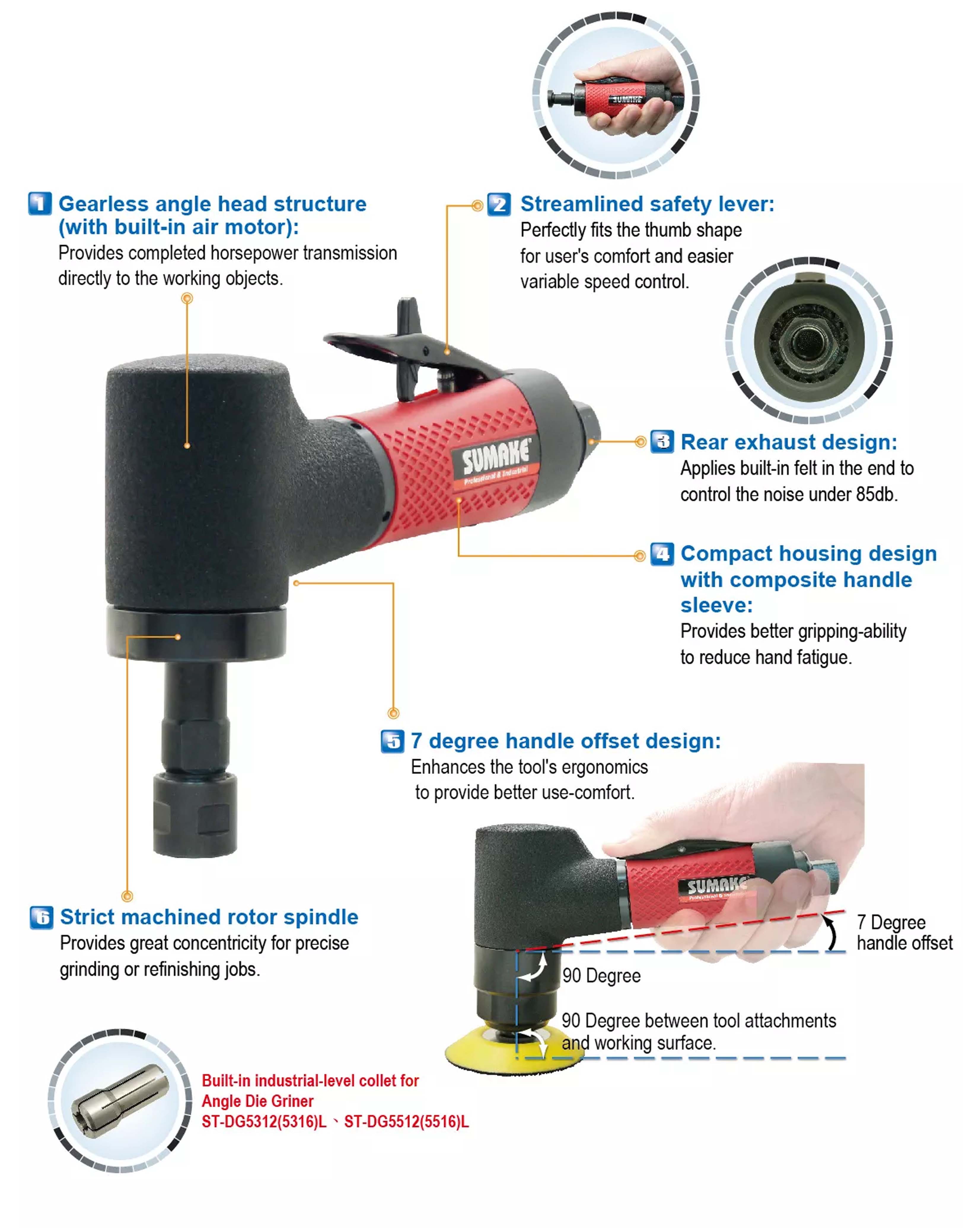 Máy mài hơi góc công nghiệp 97 độ Sumake ST-DG5316L, 0.4 mã lực, đầu kẹp 6mm