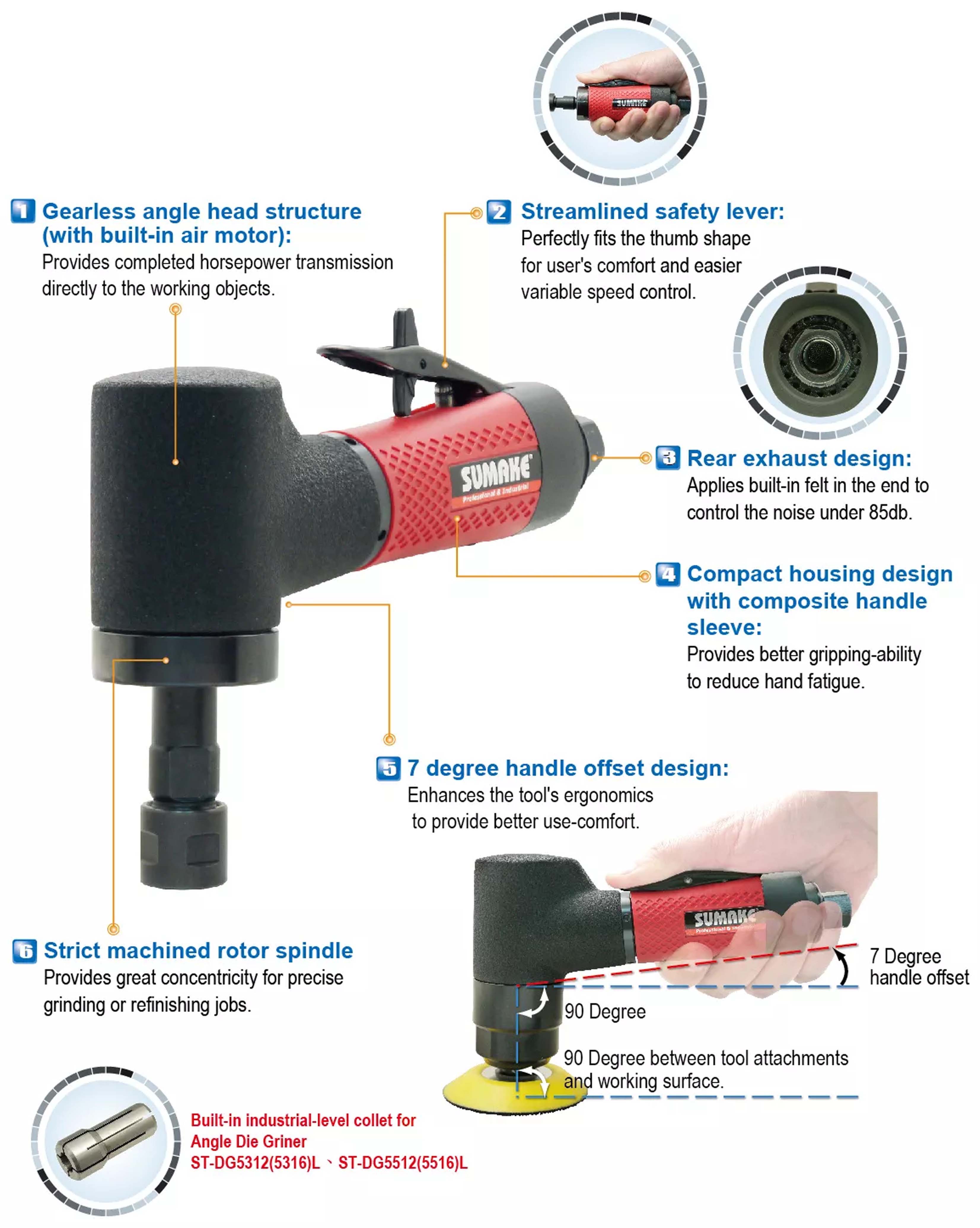 Máy mài hơi góc công nghiệp 97 độ Sumake ST-DG5516L, 0.7 mã lực, đầu kẹp 6mm