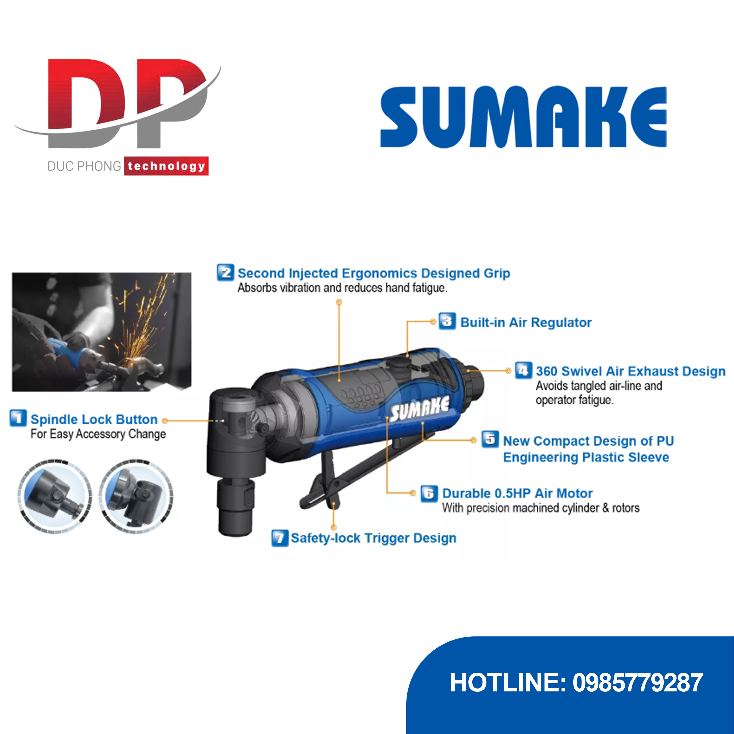 Máy mài hơi góc, khóa trục một tay, Sumake ST-DG1012L-S/ST-DG1016L-S