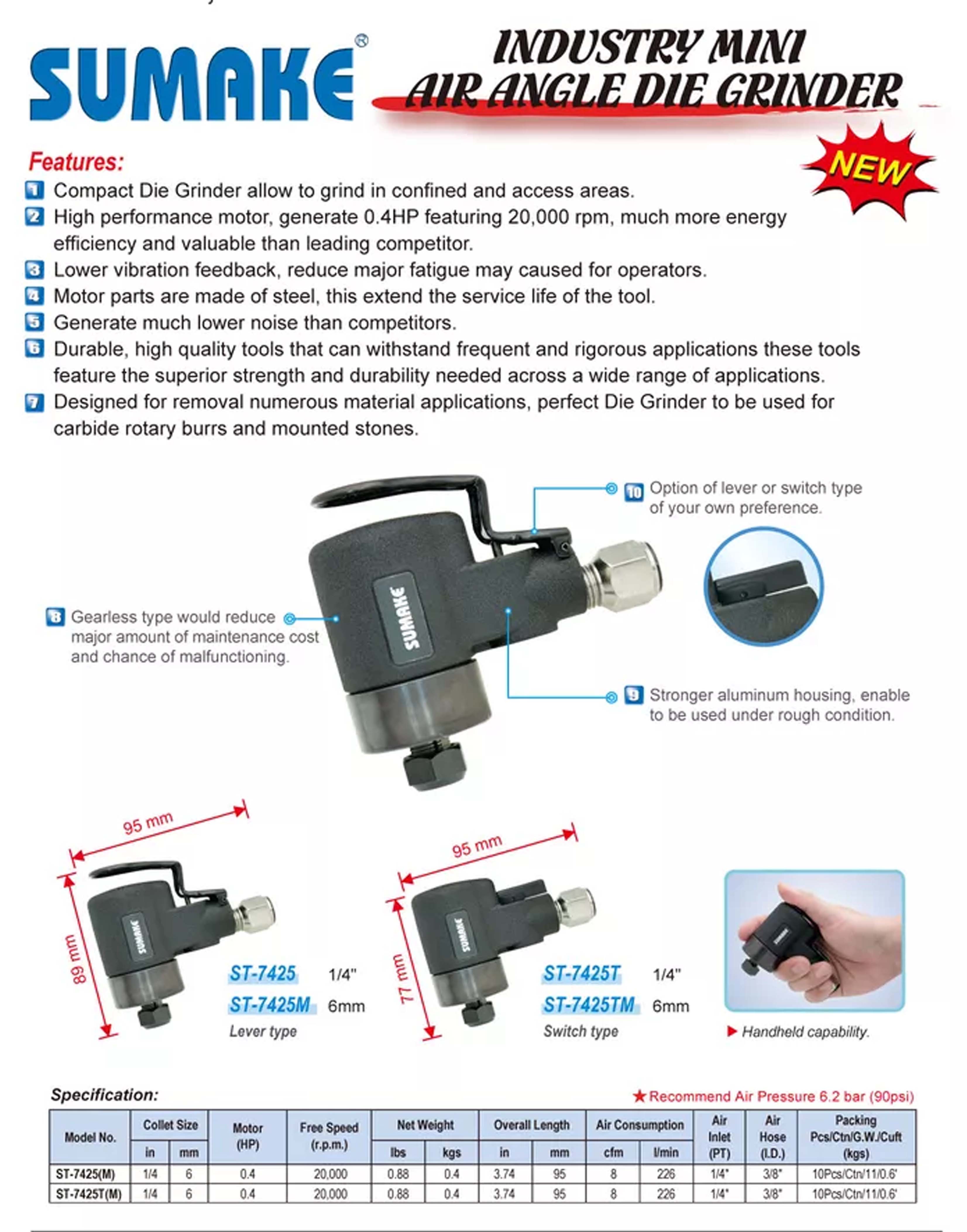 Máy mài hơi góc mini, Sumake ST-7425, đầu kẹp 6mm