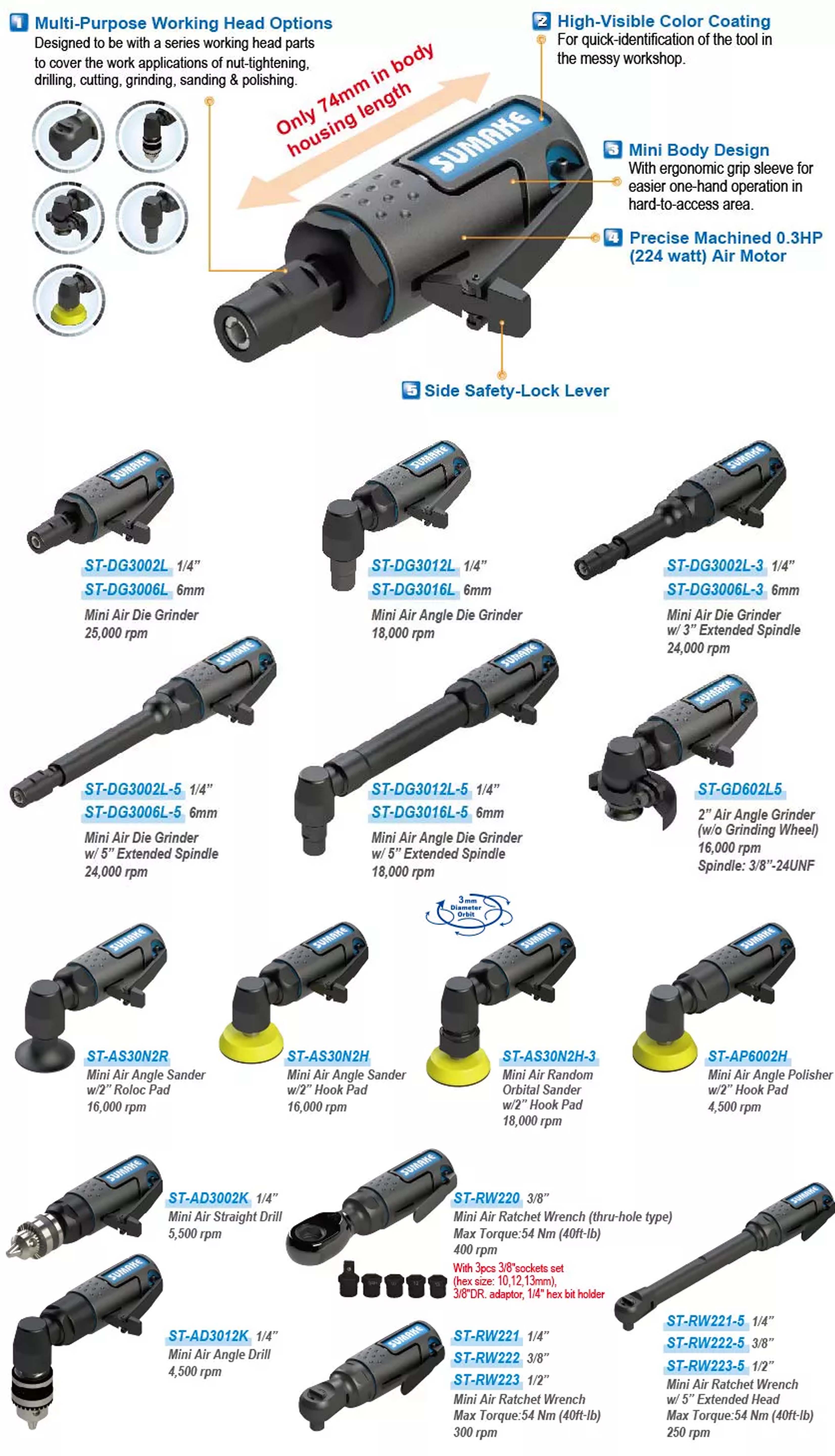 Máy mài hơi góc tối giản Sumake ST-DG3016L, 0.3 mã lực, 18,000 vòng/phút