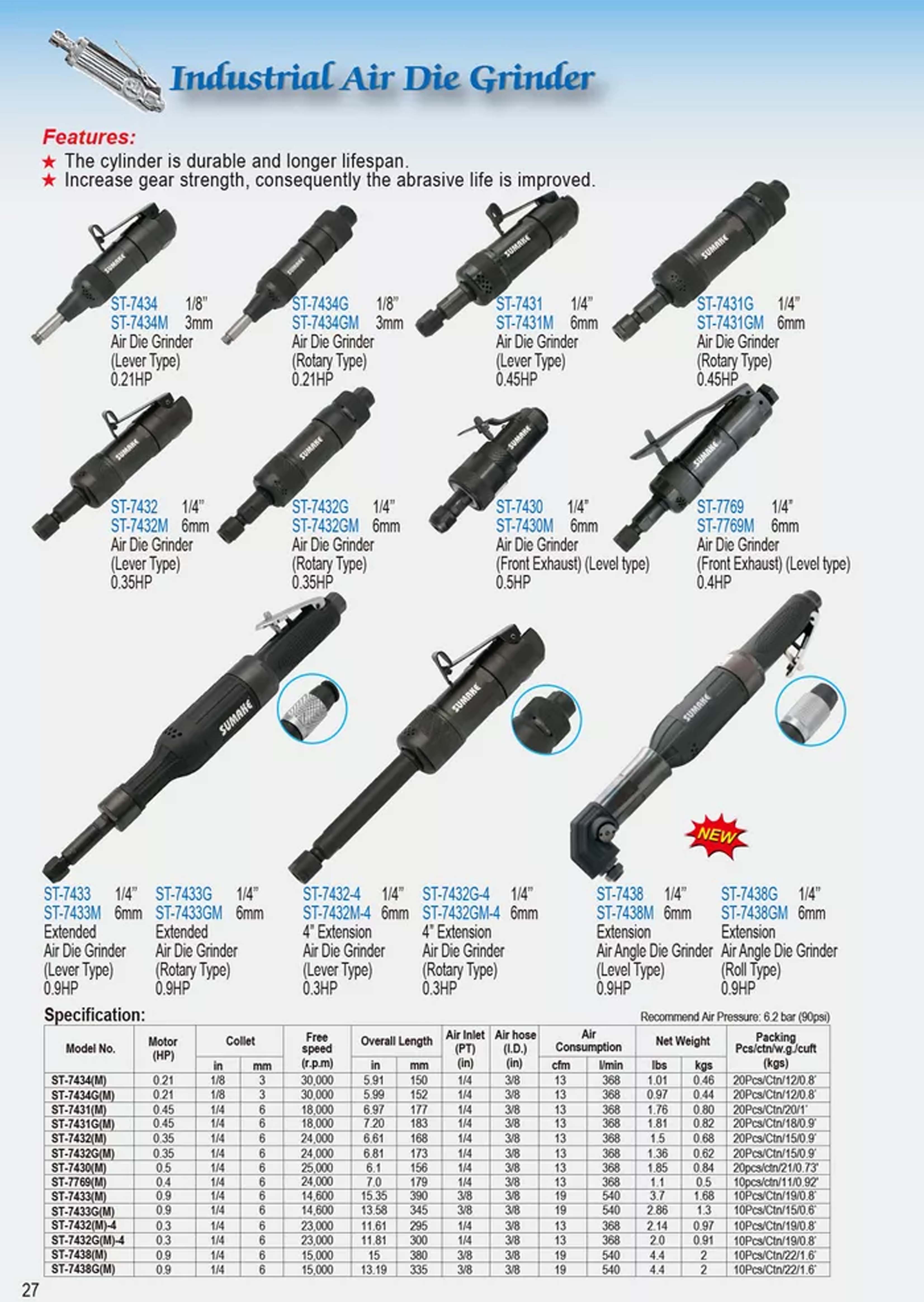 Máy mài hơi góc trục kéo dài Sumake ST-7438(M), ST-7438G(M) 0.9 HP