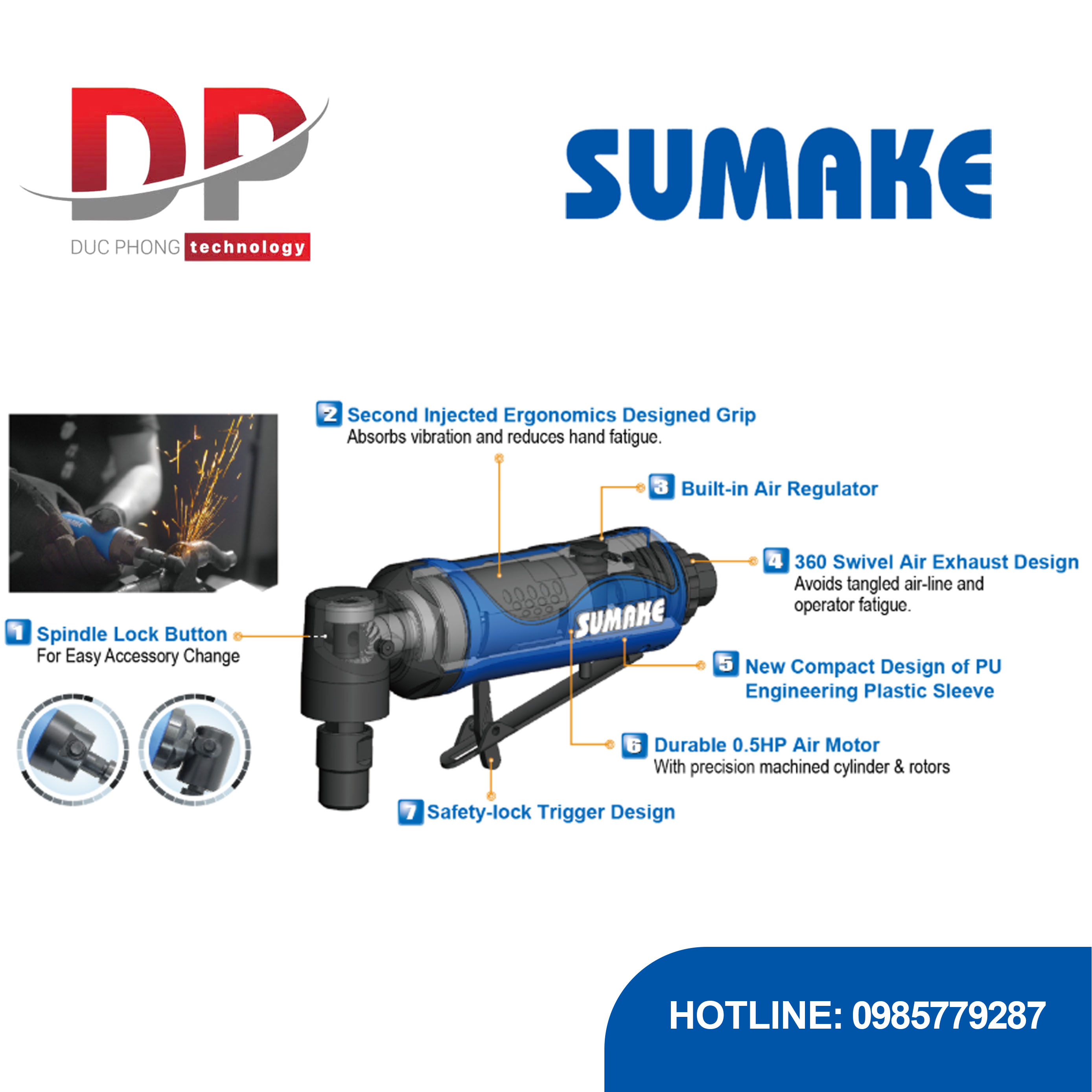 Máy mài hơi 0.5 HP, Sumake ST-DG1002L(S) – ST-DG1006L(S), Khóa trục một tay