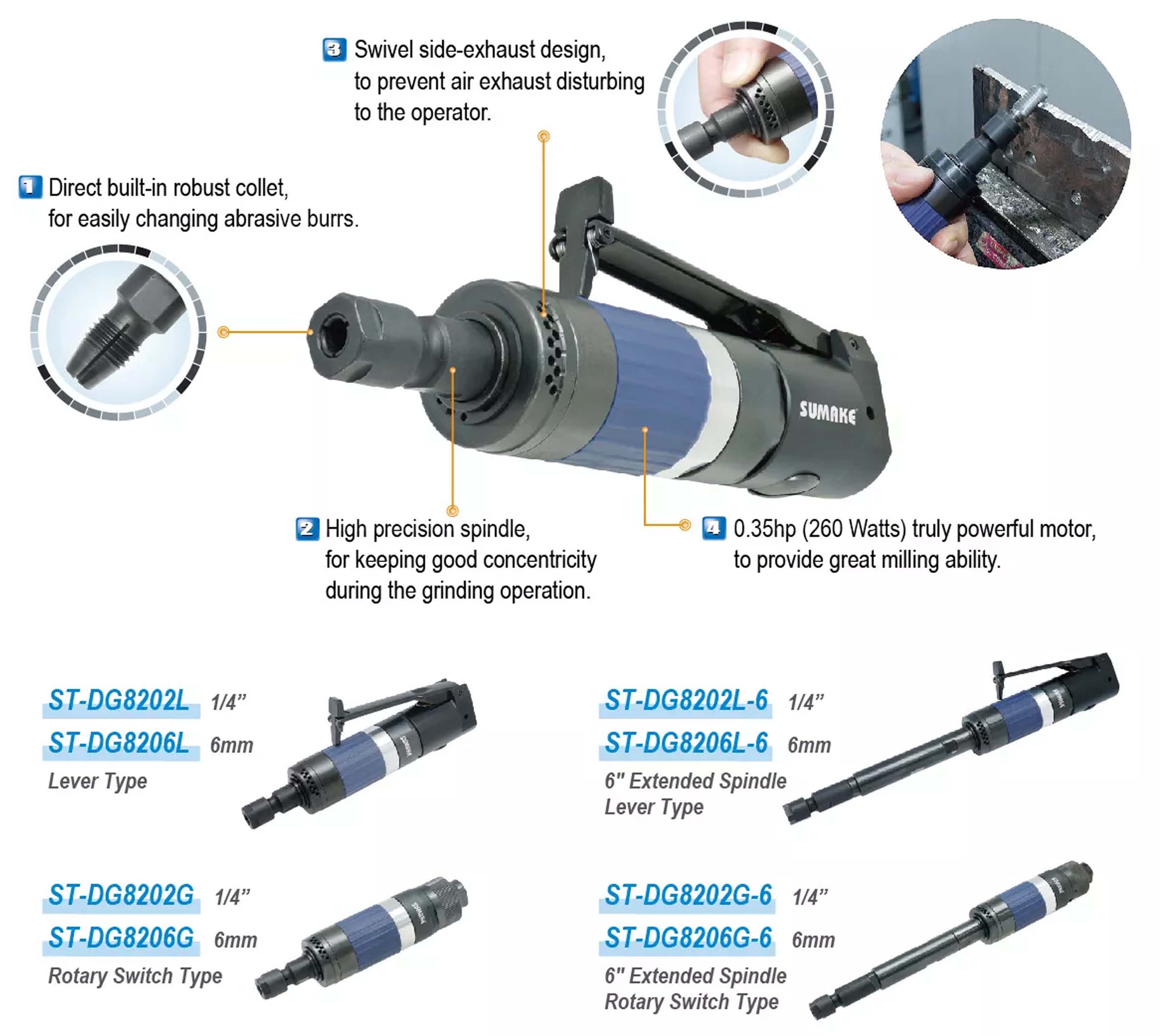 Máy mài hơi Sumake ST-DG8202L-6, 0.35 HP, Trục mở rộng