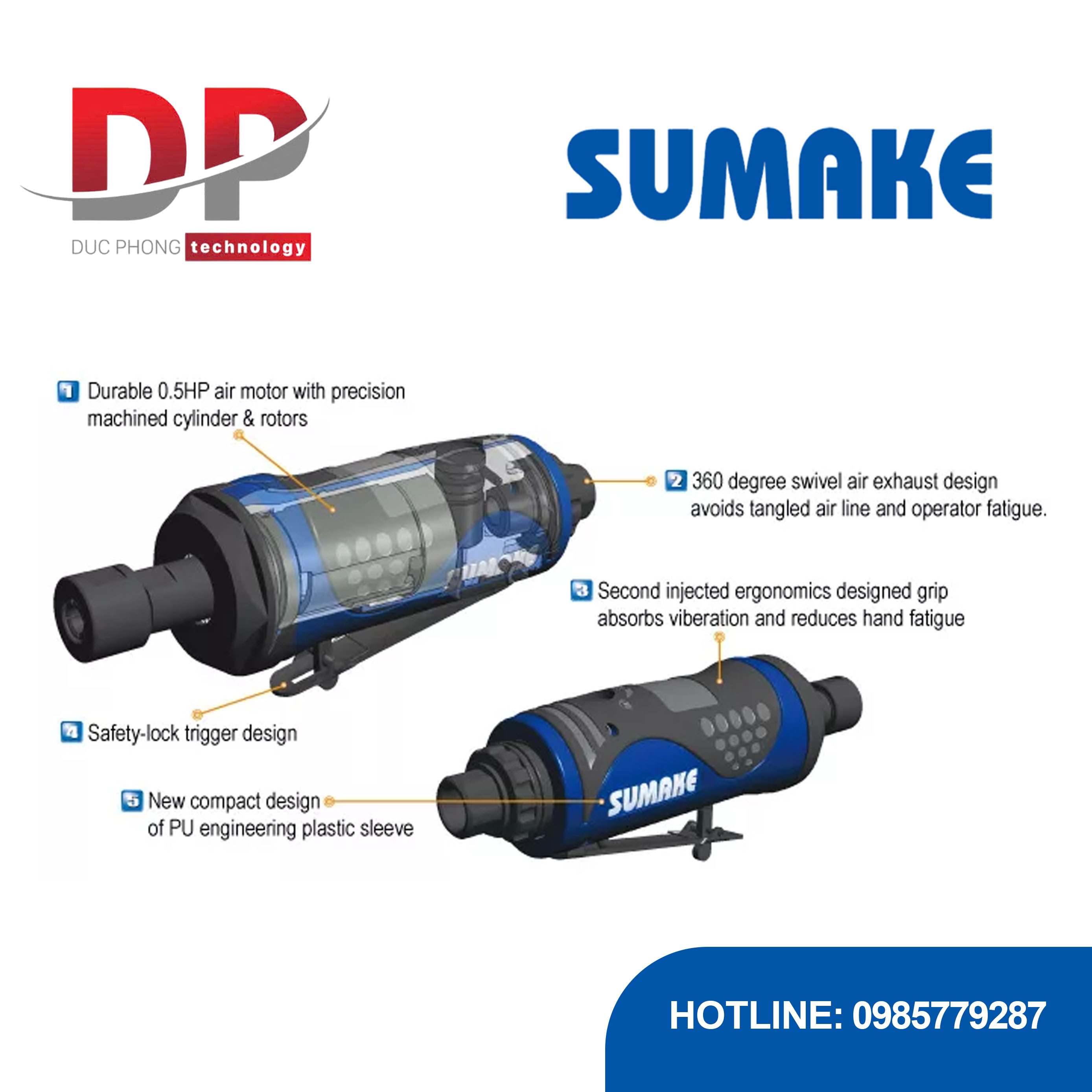 Máy mài hơi thẳng tốc độ thấp 1/4 inch Sumake ST-DG1042L