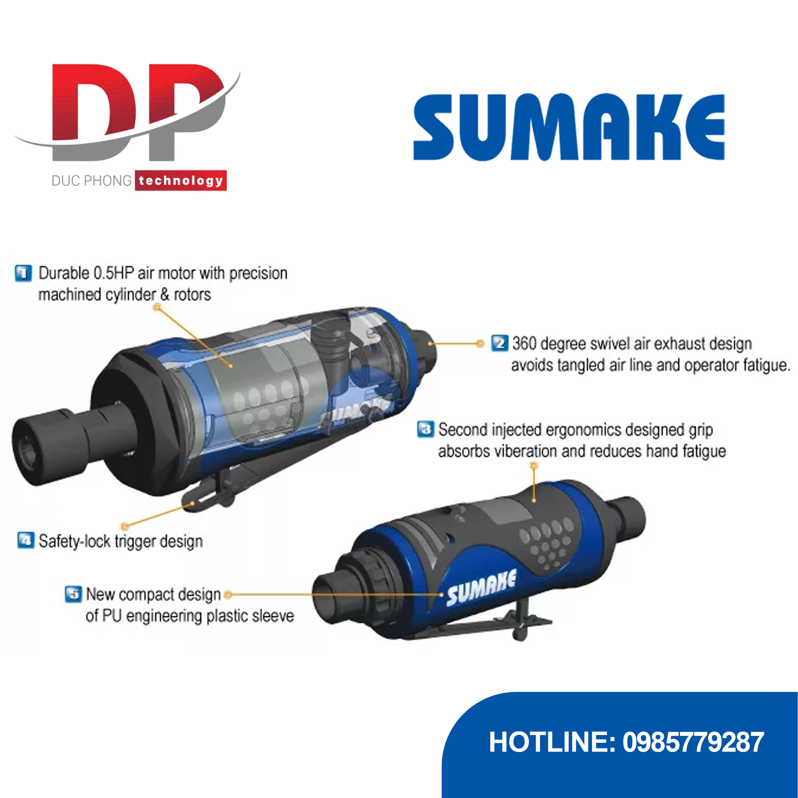 Máy mài hơi thẳng tốc độ thấp 6mm Sumake ST-DG1036L