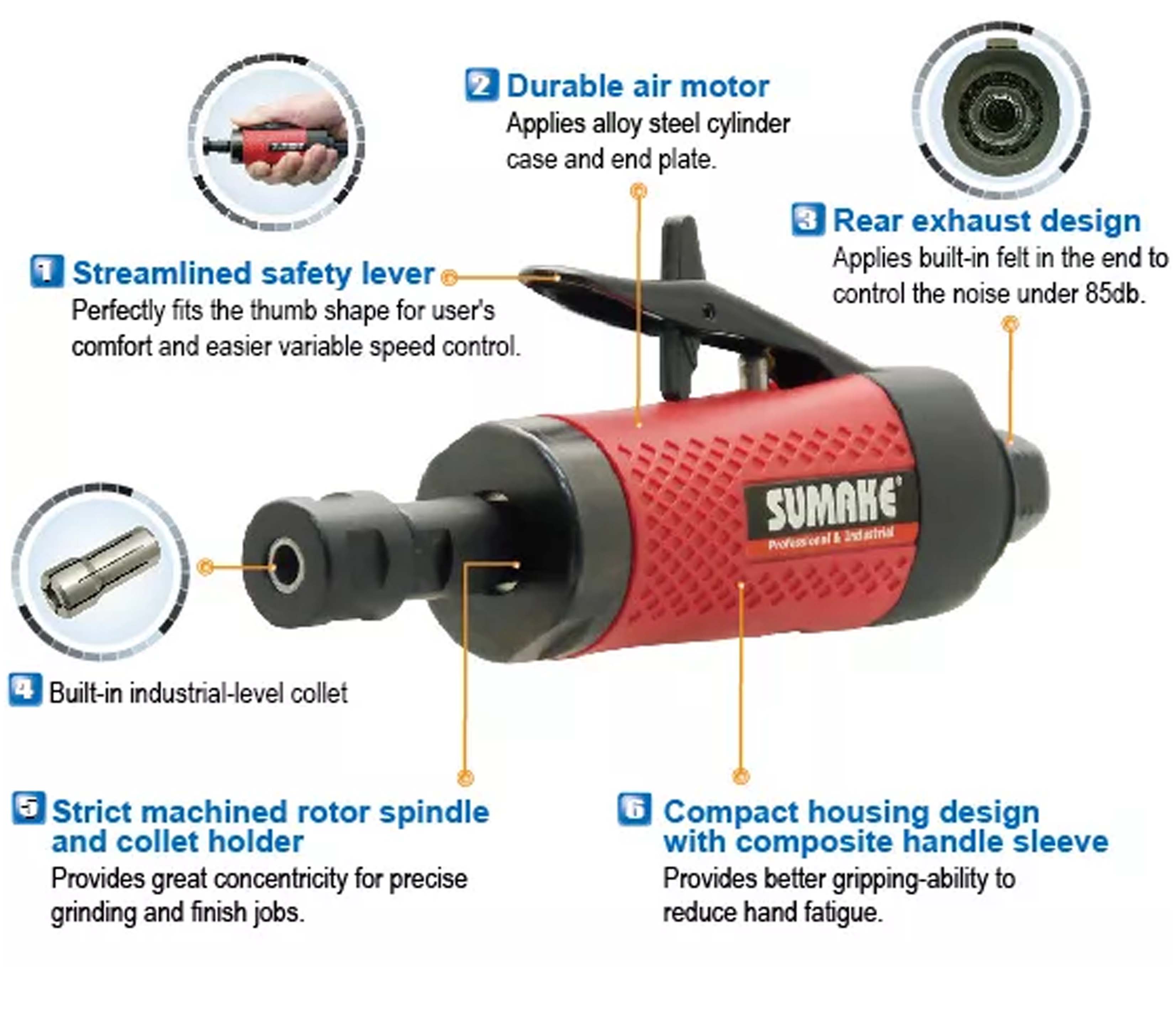 Máy mài hơi trục dài 4 inch Sumake ST-DG5302L-4, 0.4 mã lực, đầu kẹp 1/4 inch