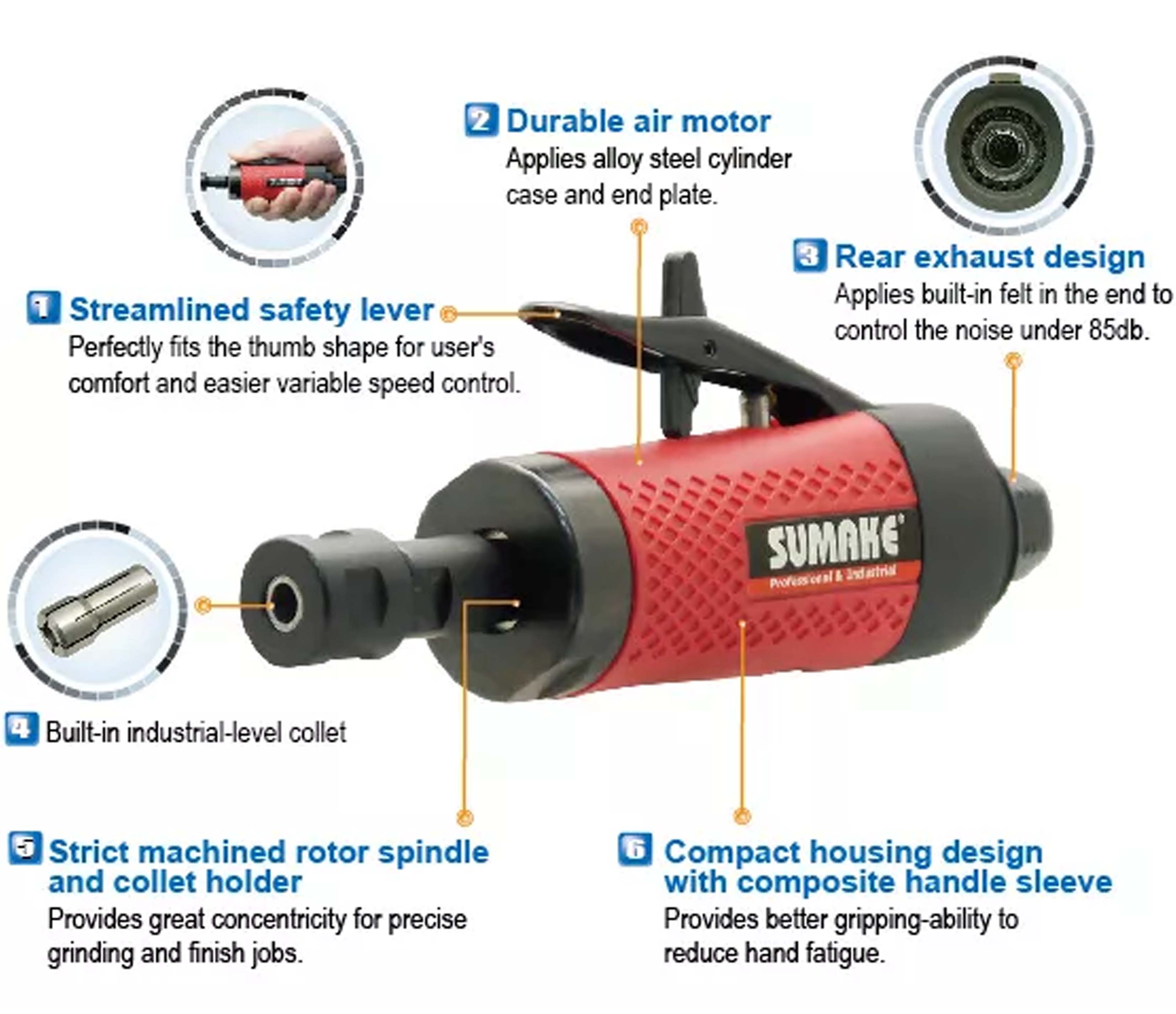 Máy mài hơi trục dài 4 inch Sumake ST-DG5306L-4, 0.4 mã lực, đầu kẹp 6mm