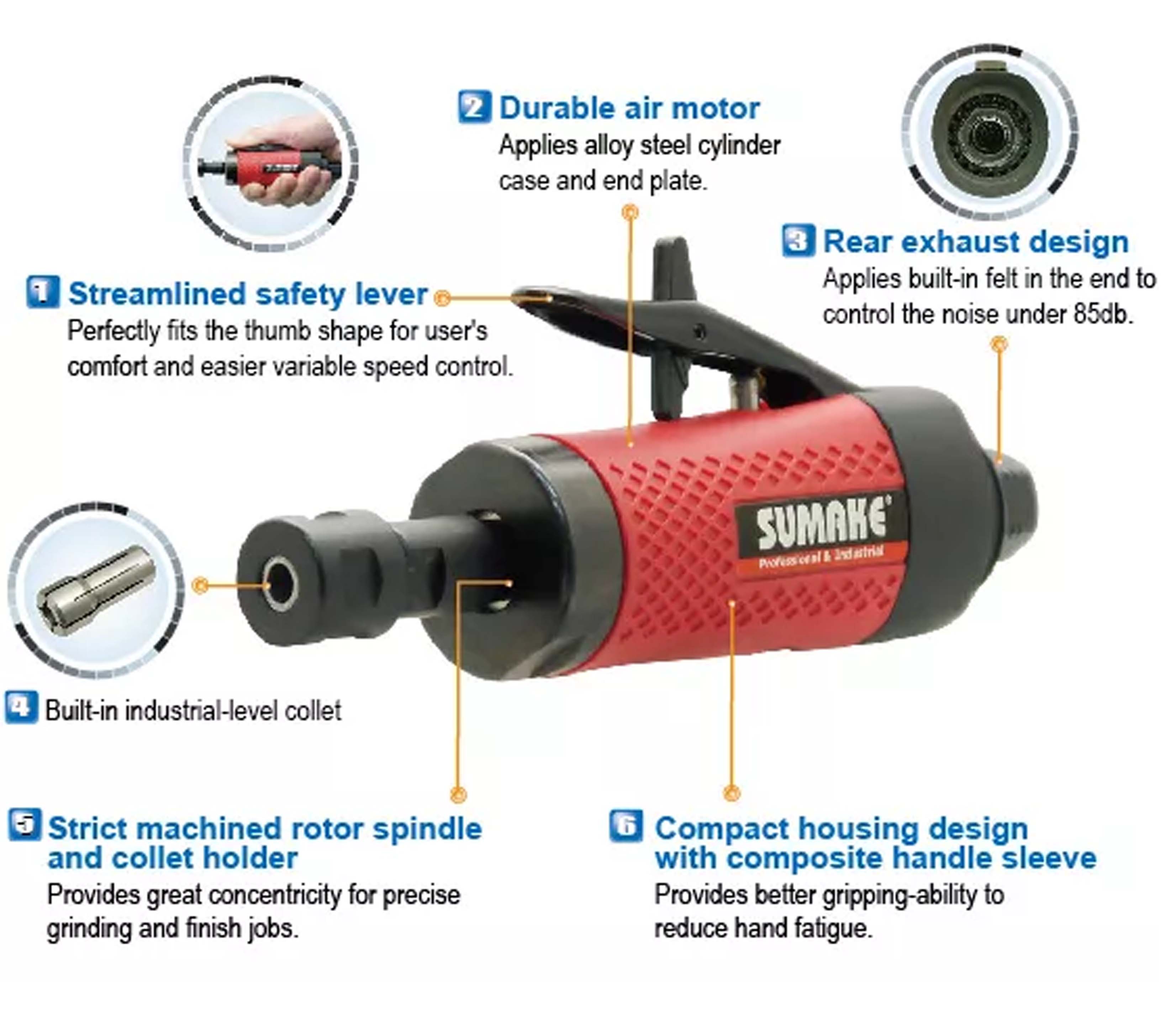 Máy mài hơi trục dài 4 inch Sumake ST-DG5502L-4, 0.7 mã lực, đầu kẹp 1/4 inch