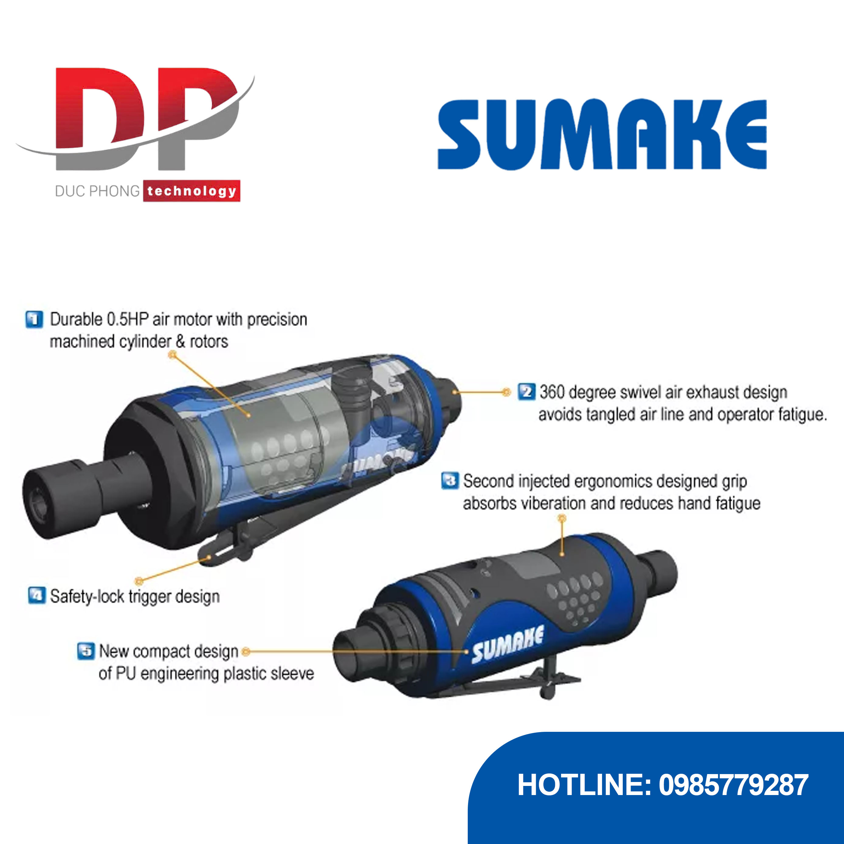 Máy mài hơi trục kéo dài 12 inch Sumake ST-DG1002L-C