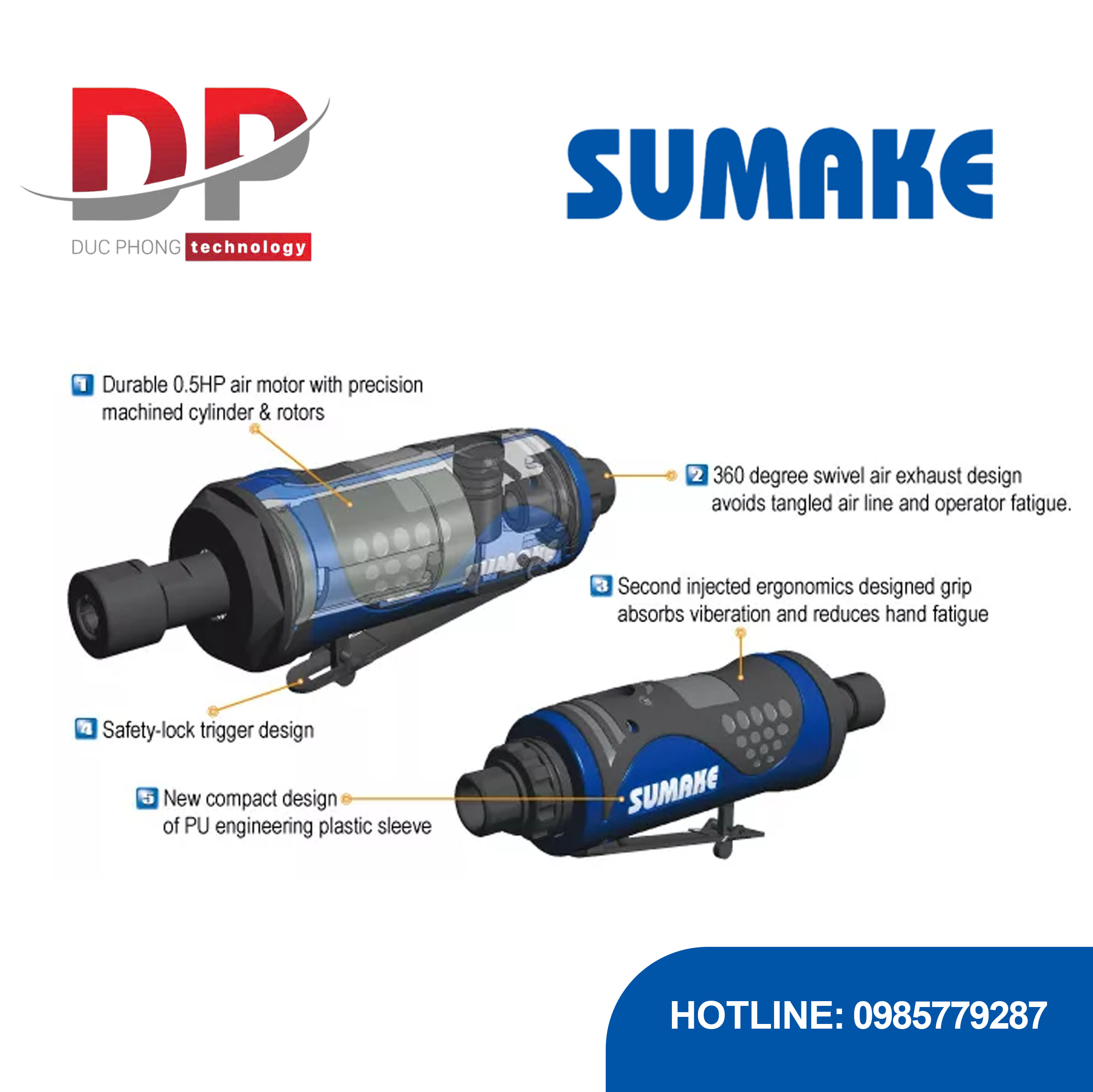 Máy mài hơi trục kéo dài 4 inch Sumake ST-DG1006L-4