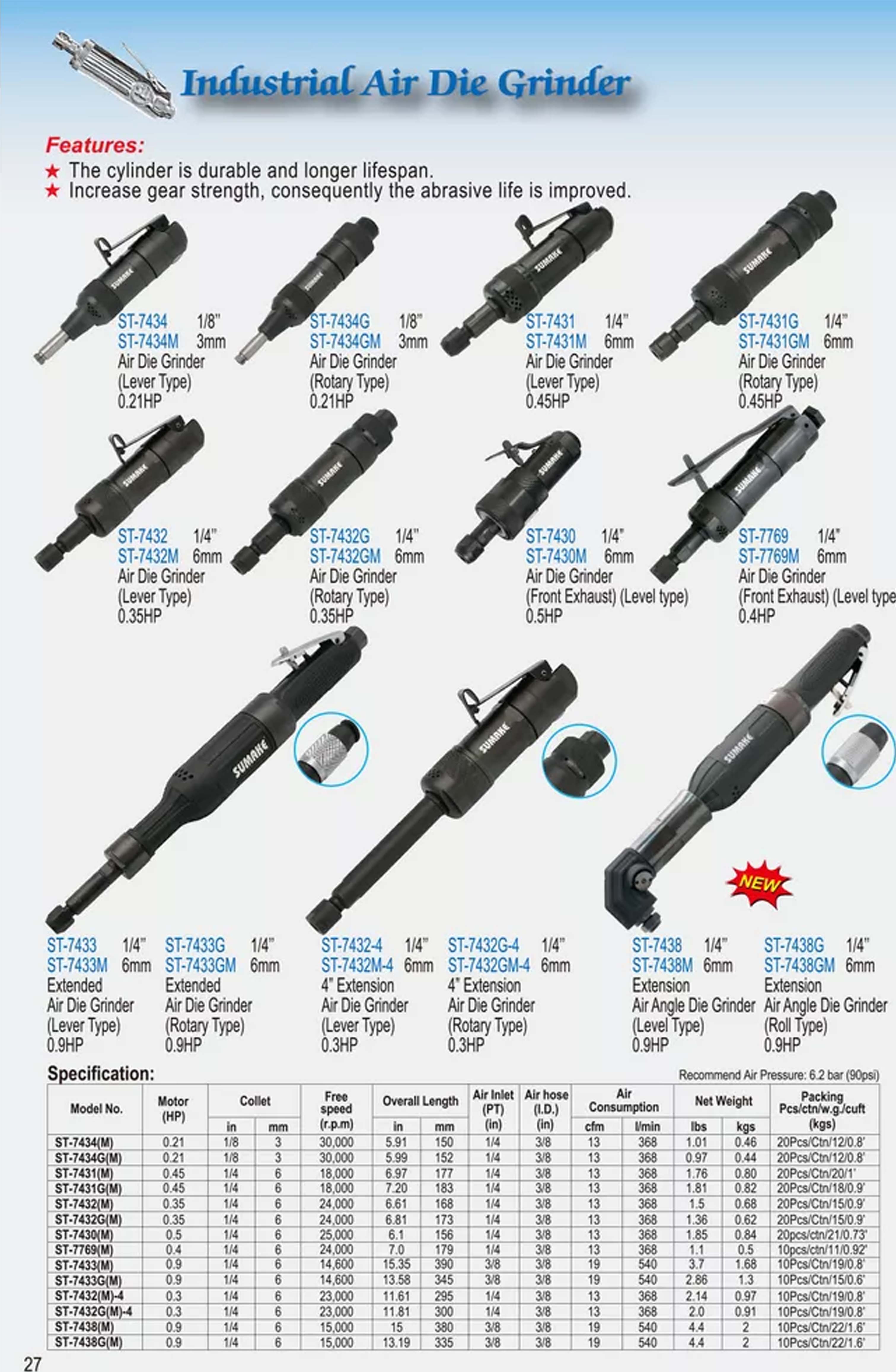 Máy mài khuôn hơi, góc dài, cần gạt, 6mm, Sumake, ST-7438M