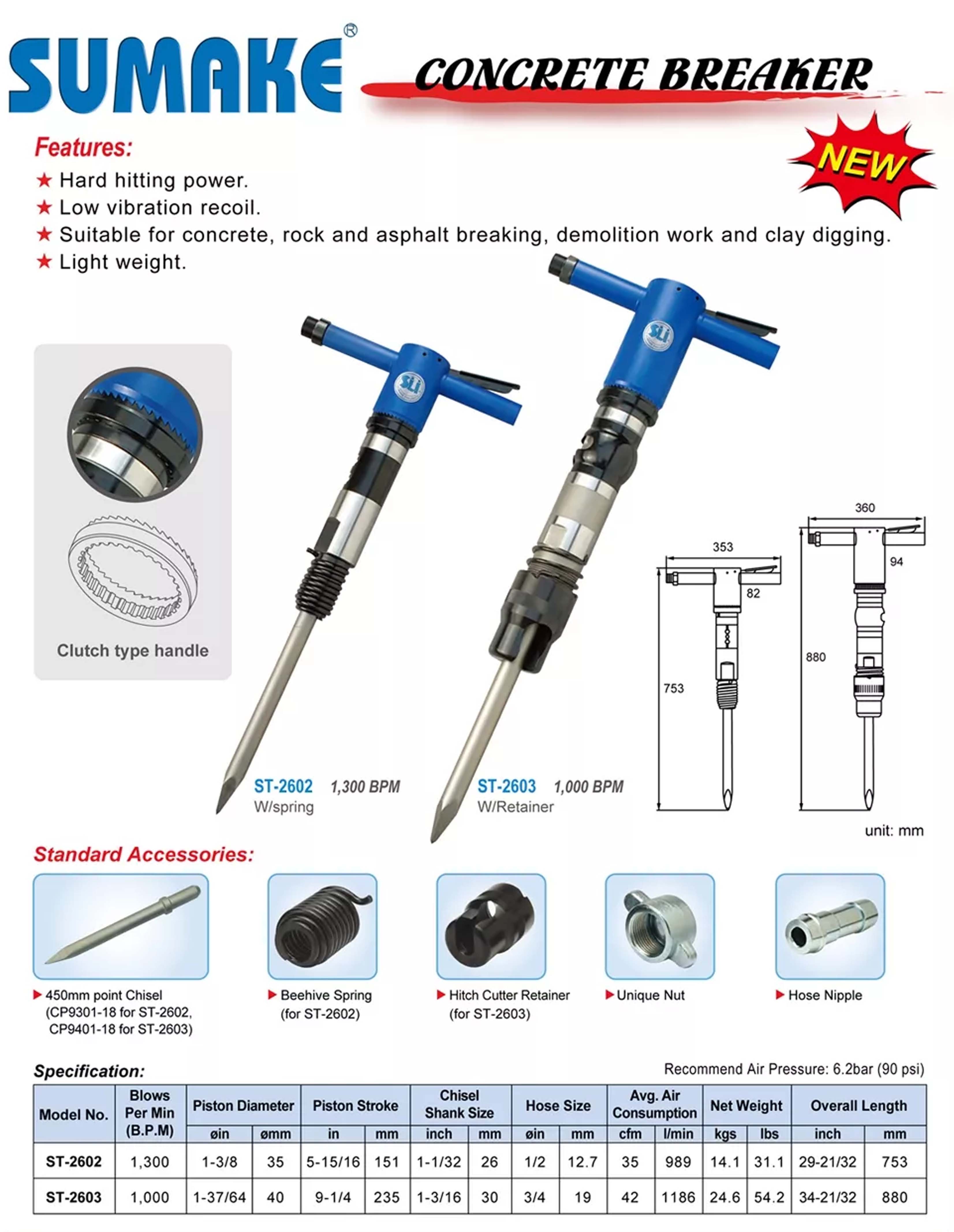 Máy phá bê tông khí hơi Sumake ST-2602, 1.300 lần/phút