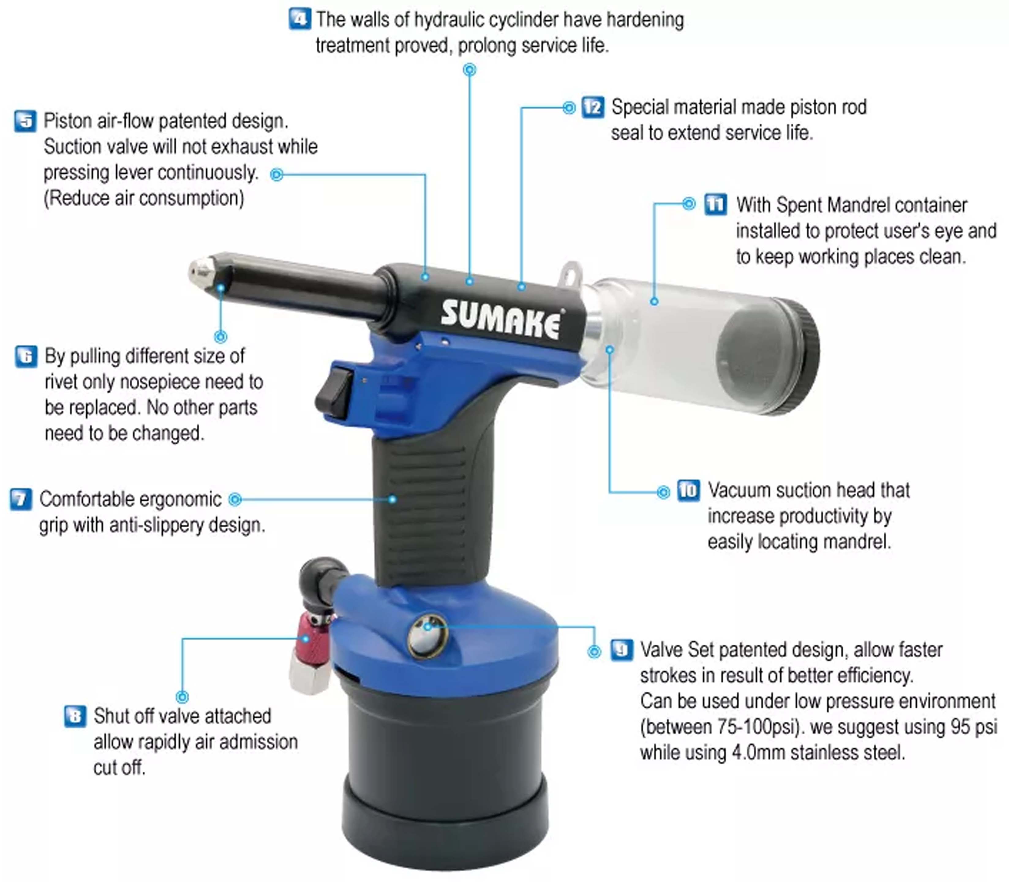Máy rút đinh tán hơi thủy lực mini có hút chân không Sumake ST-6220V 5/32 inch