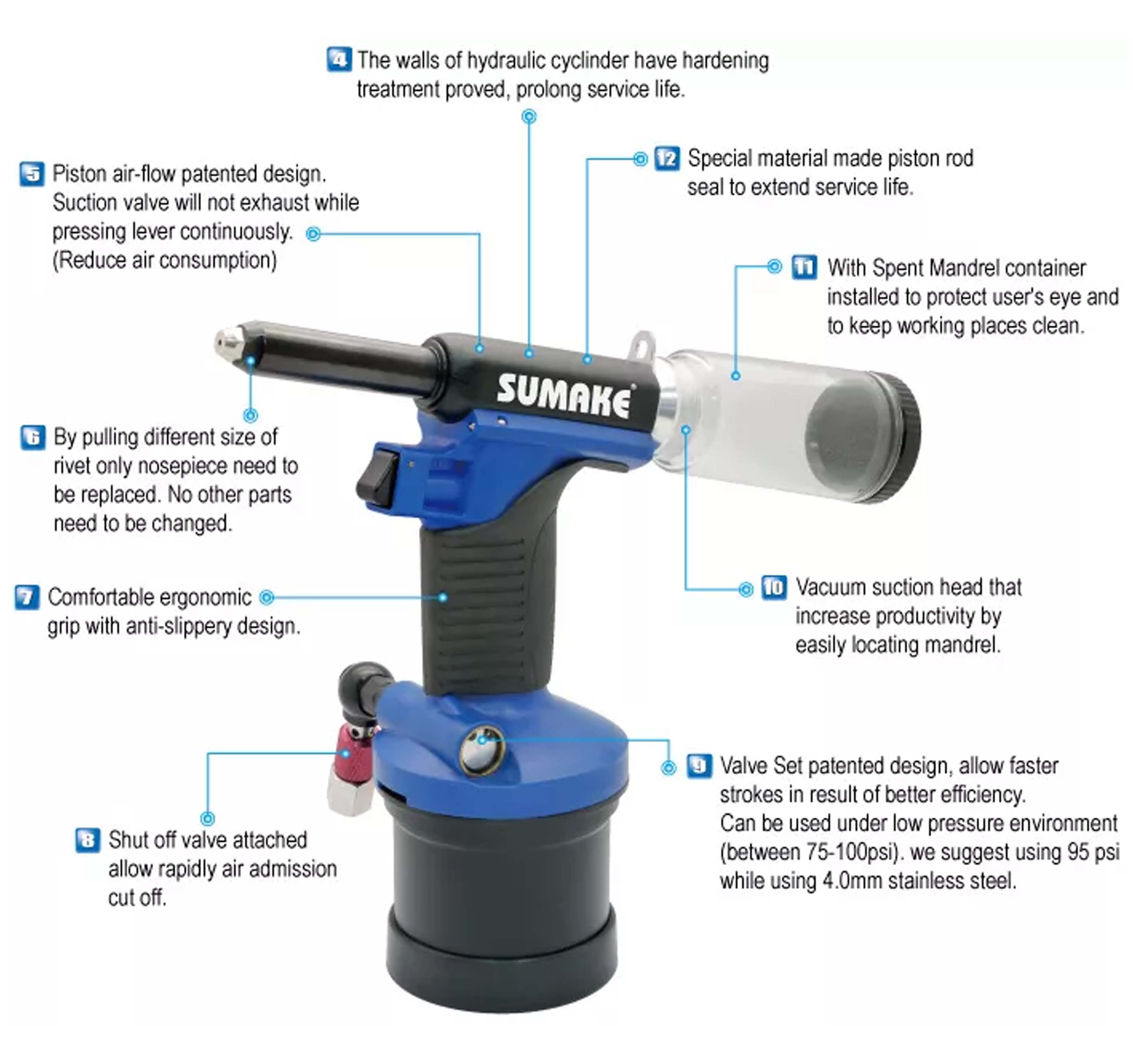 Máy rút đinh tán hơi thủy lực Sumake ST-66165N 3/16 inch loại không hút chân không