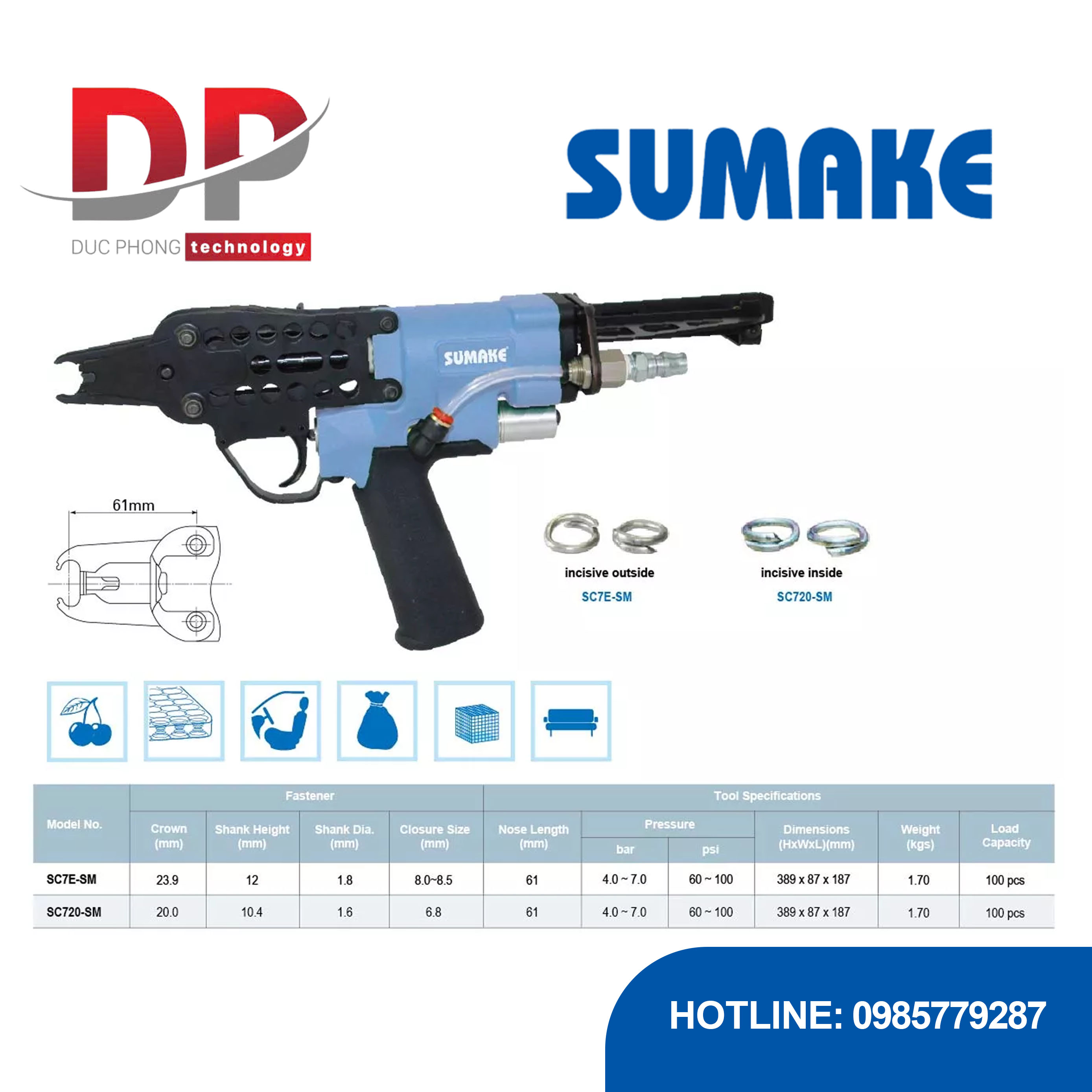Súng đóng đai chữ C Sumake SC-720 (SM), dài mũi 61mm