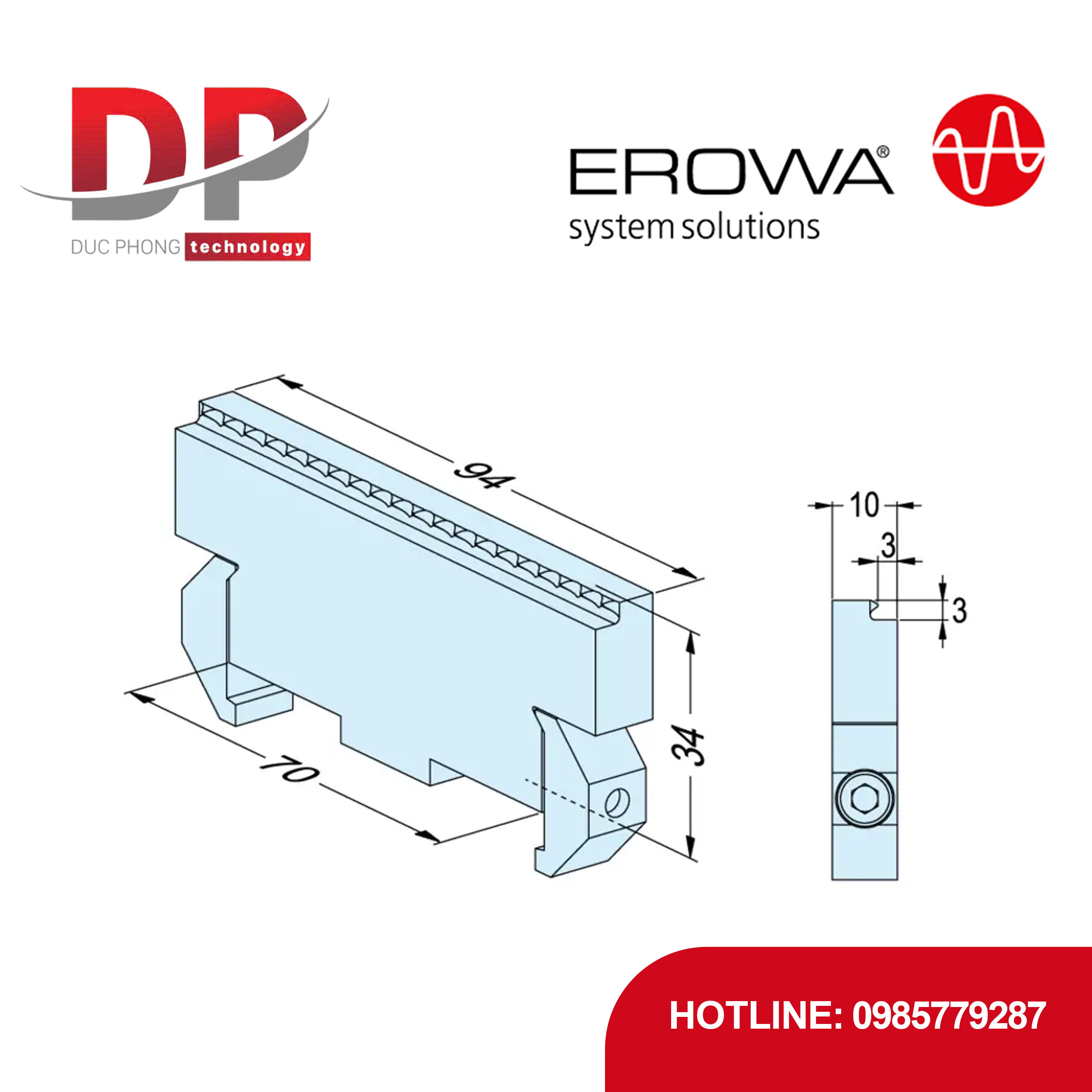 Chi tiết chặn EROWA ER-099195 Stop Jaw Stamp Wide, CleverClamp, rộng 94mm