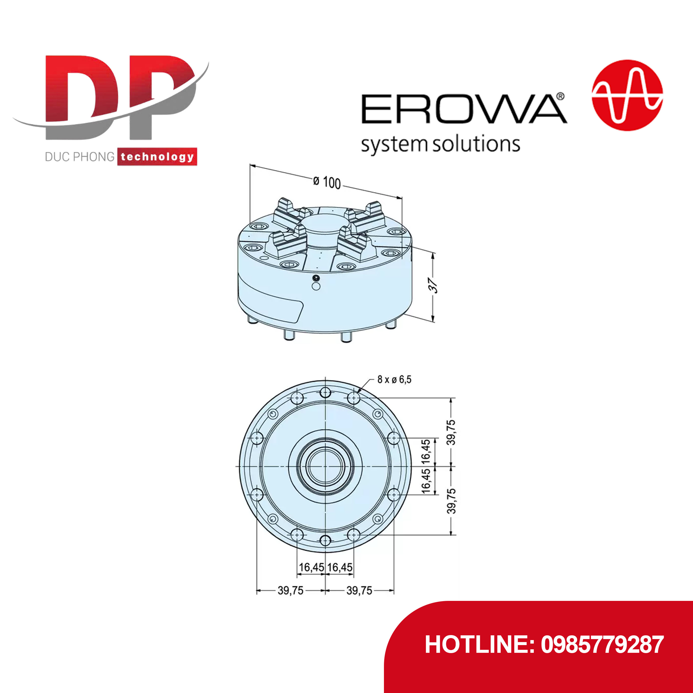 Đầu kẹp EROWA ER-155100 ITS 100 P, không đế, 6,000 N, vận hành tự động