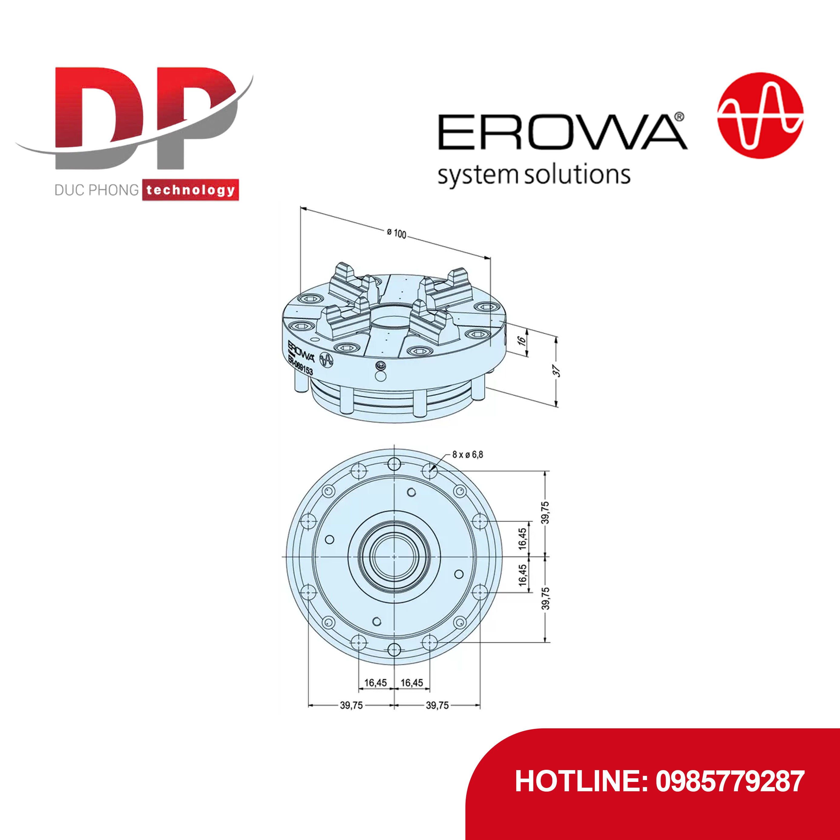 Đầu kẹp EROWA ER-069153 ITS Chuck 100 P Inox phẳng, 5000 N, tự động