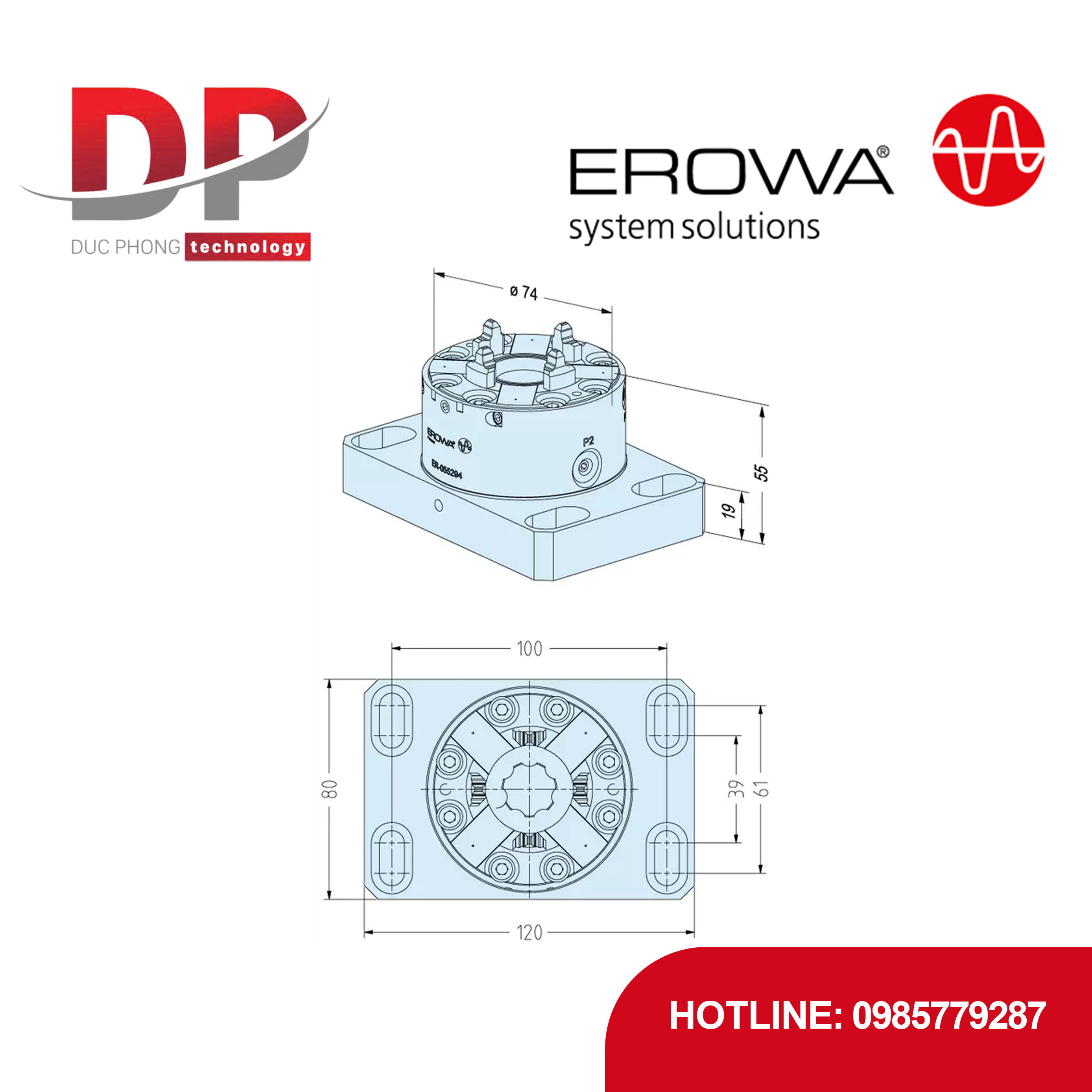 Đầu kẹp EROWA ER-055294 ITS Chuck 50 Inox, 2800 N, đế 80x120