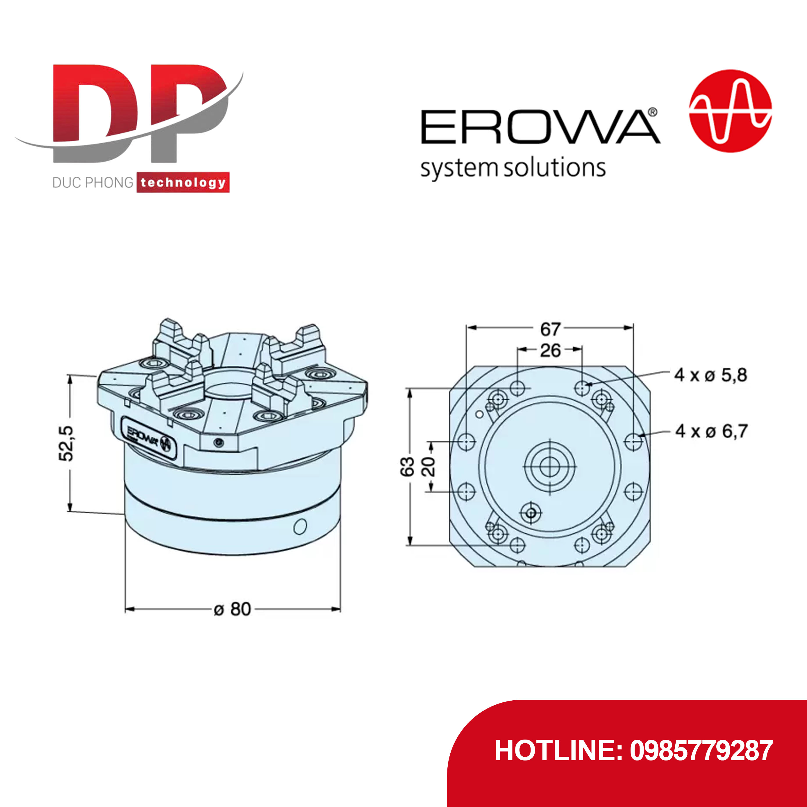 Đầu kẹp tháo nhanh EROWA ER-007625 tự động NSF, lực kẹp 7000 N, cho máy phay mài