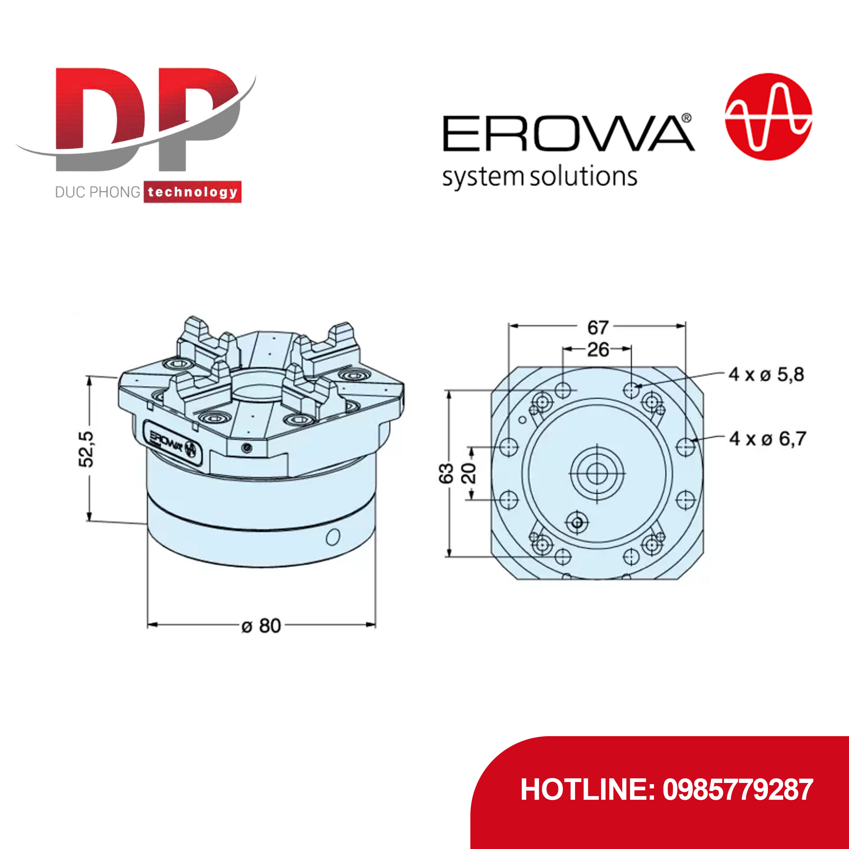 Đầu kẹp tháo nhanh EROWA ER-007621 tự động NSF Inox, thép không gỉ, 7000 N