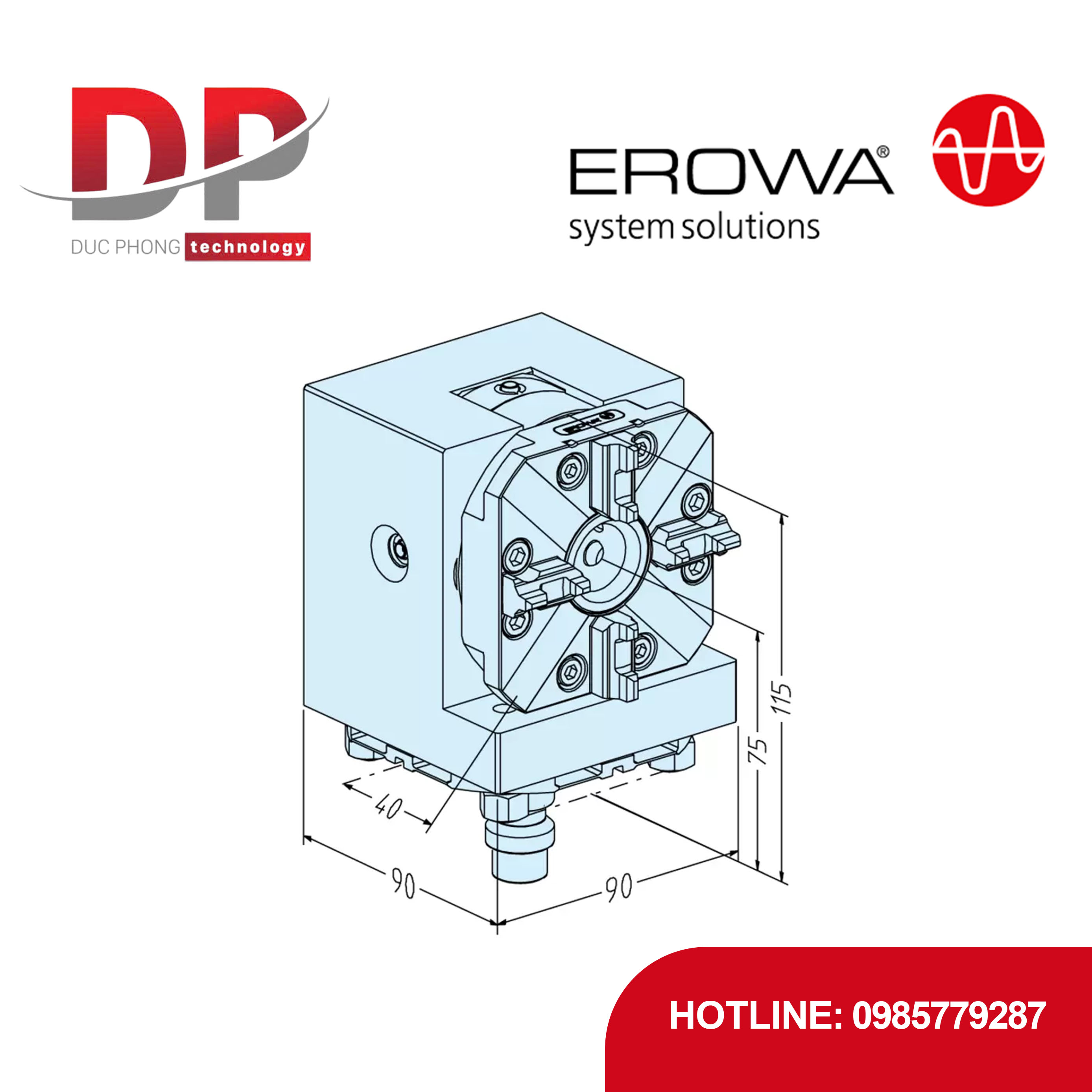 Đầu kẹp tháo nhanh EROWA ER-007612 NSF trên tấm góc G, lực kẹp 7000 N